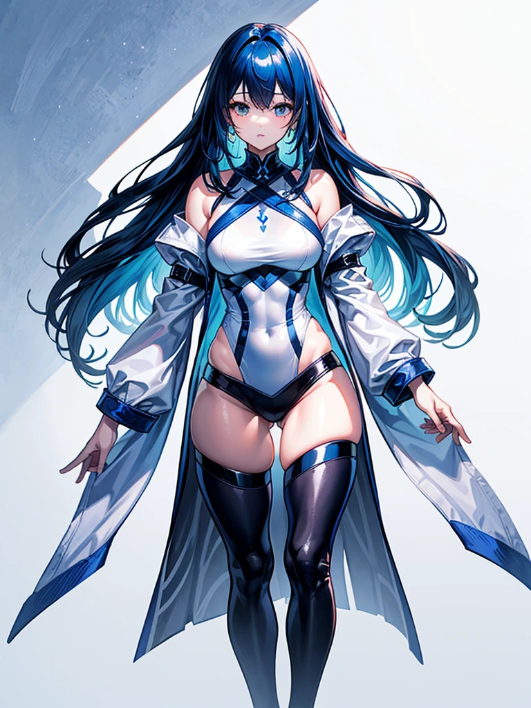 (((masterpiece、Highest image quality、highest quality、highly detailed unity 8kwallpaper)))、((Illustration of one girl))、(((beautiful girl)))、blue hair、stocky build, thickset physique:1.3, muscular legs, broad shoulders, solid chest、white clothes