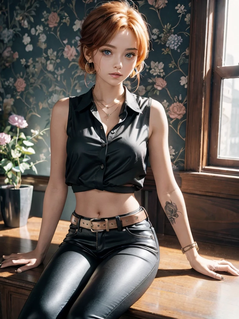 (masterpiece), highest quality, Girl sitting by the window, Emotional, emo girl,Sad girl, redhead,cute, quick wit, close,short hair, blue eyes, black clothes, sensual, (shining eyes), aesthetics,style, stylish, earrings, cheerfulness,Naughty, Naughty,  smug, Excellent, Ear Nipple Ring,  the wallpaper, 4K, wall, nice, bad, cropped shirt, defined abdomen, sexy, belt, Black pantsuit, comfortable,  

Break she uses a sleeveless shirt, She wears a cropped white shirt, She wears a necklace, she has a tattoo on her arm, she has tattoos on her abdomen, she was wearing black pants