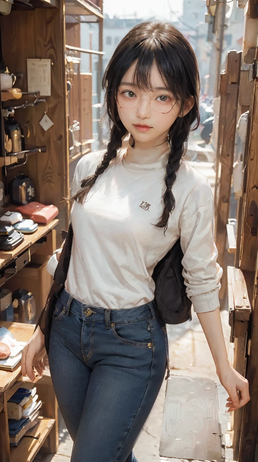 masterpiece, highest quality, one woman, Japanese people in their 20s, (black hair, very short hair, two braids, curly hair, No bangs), (symmetrical beauty, small face, sharp outline, thick eyebrows, dark eyebrows, realistic eyes, double eyelid, droopy eyes, small nose, thick lips, close your mouth), (smile, shy smile), (glasses, 縁が薄いglasses, 小さいglasses, レンズが小さいglasses, square lens), (wheat-colored skin, realistic skin texture, I cup breasts, Slightly plump body type), (jacket:long beige coat, inside:black turtleneck sweater, pants:dark blue long jeans, brown long boots), (Are standing, Show the whole body, Even the shoes are shown), The background is a city, (face directly toward the camera, looking directly at the viewer, looking at the camera, The whole body is facing towards the viewer., whole body facing towards the camera, face looks straight into the camera).