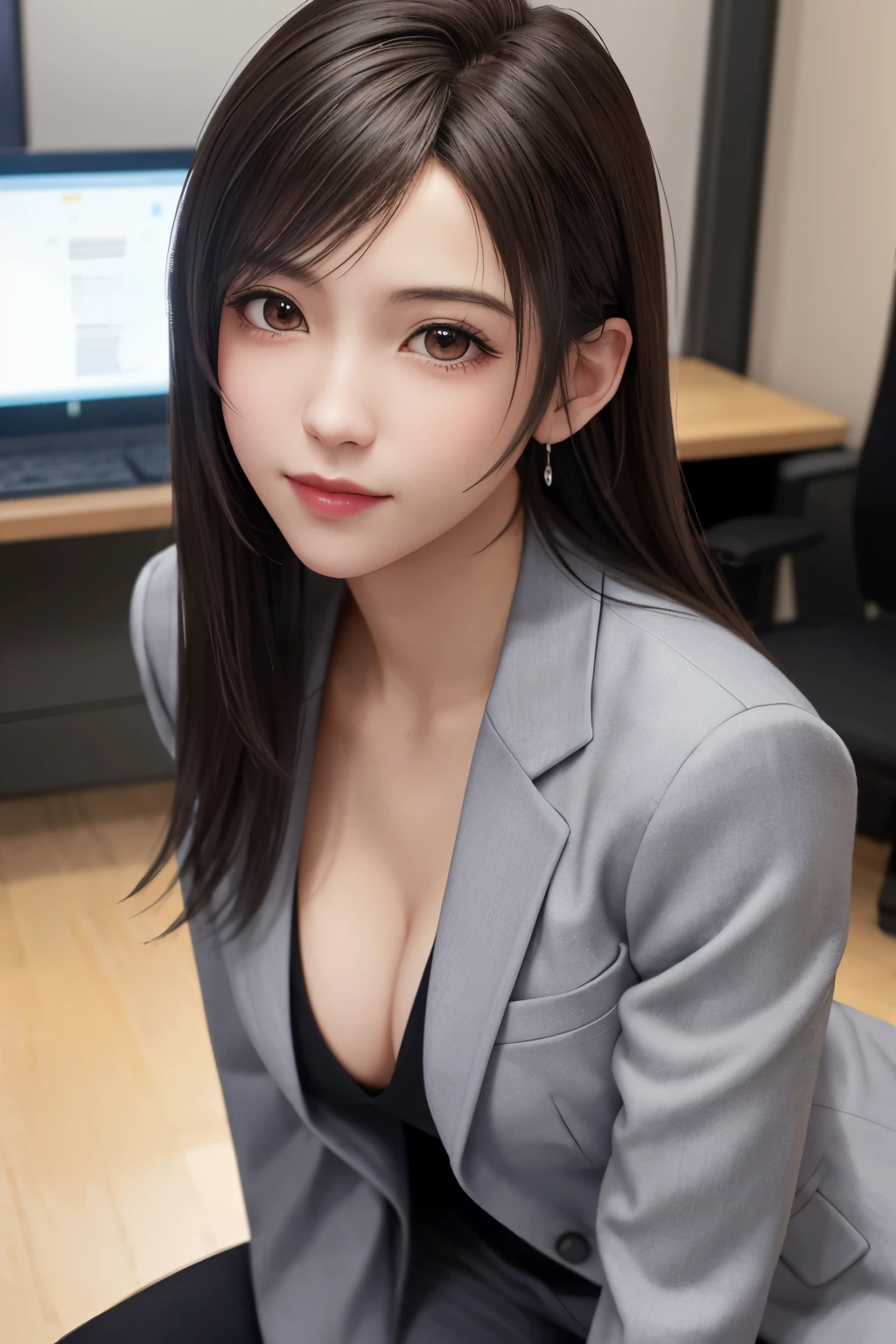 (top quality, masutepiece: 1.1), (Realistic: 1.3), BREAK (((FF7,Tifa_lockhart))),(solo,Tifa:1.2),(japanese ,gray tailored jacket,gray tailored pant,office suit:1.3) ,(office, indoor,coffee),(strong will,sexy pose:1.1),Ultra-detailed face, Detailed eyes,Red eyes, BREAK (((FF7,Tifa_lockhart))),(light brown hair, Large breasts: 1.2), BREAK (Small and beautiful hard nipple)  About 18 years old,kawaii,smile,face focus:1.5,making like she wants to kiss you,shy,blush,leaning forward,suggestive,sensual