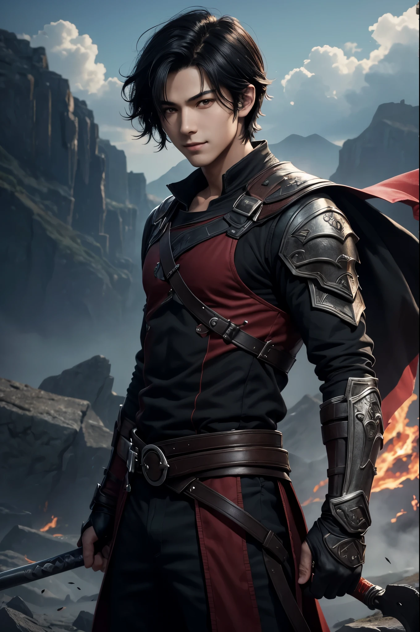 8K、solo、16 year old boy,super handsome boy,handsome boy with black eyes,Black hair short bob hair,black and red clothing,facing there、demon slayer boy,Remains,magnificent artwork、wind effect:1.9、Cloud Effect:1.2、Full Rendering、unreal engine,An expression that remains innocent,A cute boy,Super high resolution,super realistic skin,Super precise hand details,fantasy art,smile,