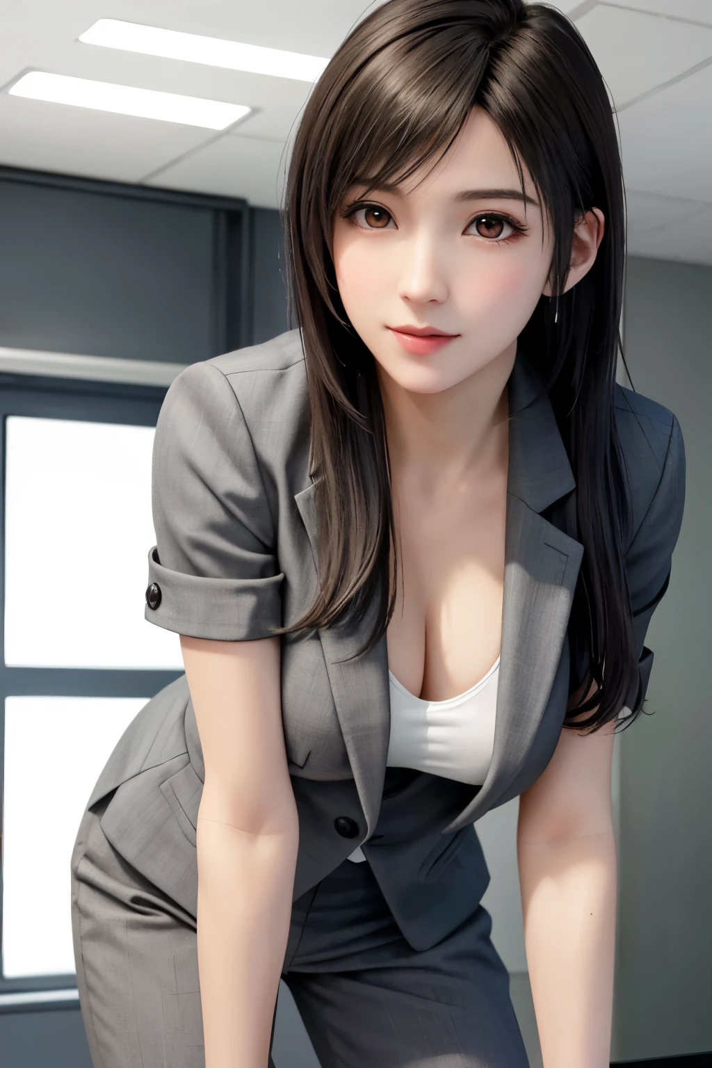 (top quality, masutepiece: 1.1), (Realistic: 1.3), BREAK (((FF7,Tifa_lockhart))),(solo,Tifa:1.2),(japanese ,gray tailored jacket,gray tailored pant,office suit:1.3) ,(office, indoor,coffee),(strong will,sexy pose:1.1),Ultra-detailed face, Detailed eyes,Red eyes, BREAK (((FF7,Tifa_lockhart))),(light brown hair, Large breasts: 1.2), BREAK (Small and beautiful hard nipple)  About 18 years old,kawaii,smile,face focus:1.5,making like she wants to kiss you,shy,blush,leaning forward,suggestive,sensual