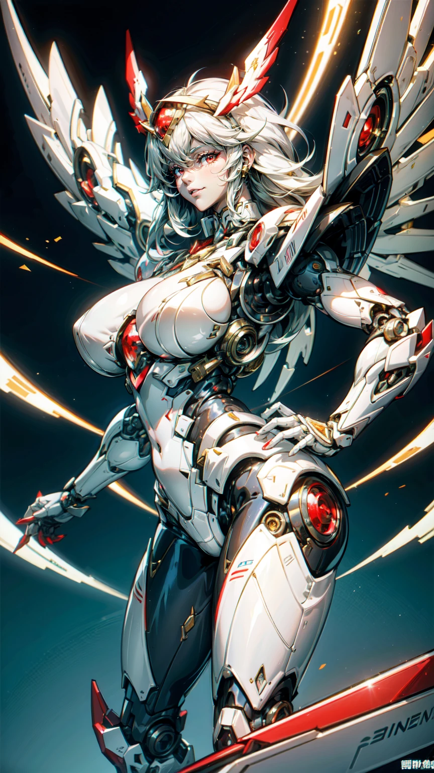 A beautiful mechanical girl,mechanical angel,There are huge white mechanical wings on the back,tall,Perfect mechanical body,Intricate white mechanical bodysuit,sense of the future,science fiction style,(red mechanical body:1.3),Red manipulator臂,Red manipulator,Mechanical neck,Mechanical details,金属luster,Mechanical chest,Plump breasts,Plump buttocks,High heel,sexy,grace,Temperament,long white hair,red eyes,finely quality eyes,beautiful face,Smile,luster,(bust:1.5),perfect details,Ray tracing,8K,highest resolution,work,highest quality,Science fiction works,Character focus,daytime,sunny,sunny,blue sky,Baiyun,Fly in the sky