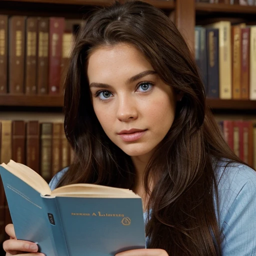 Mujer, model face blue eyes long brown hair, que este en la biblioteca leyendo, It&#39;s 32 years old, q este de perfil la foto