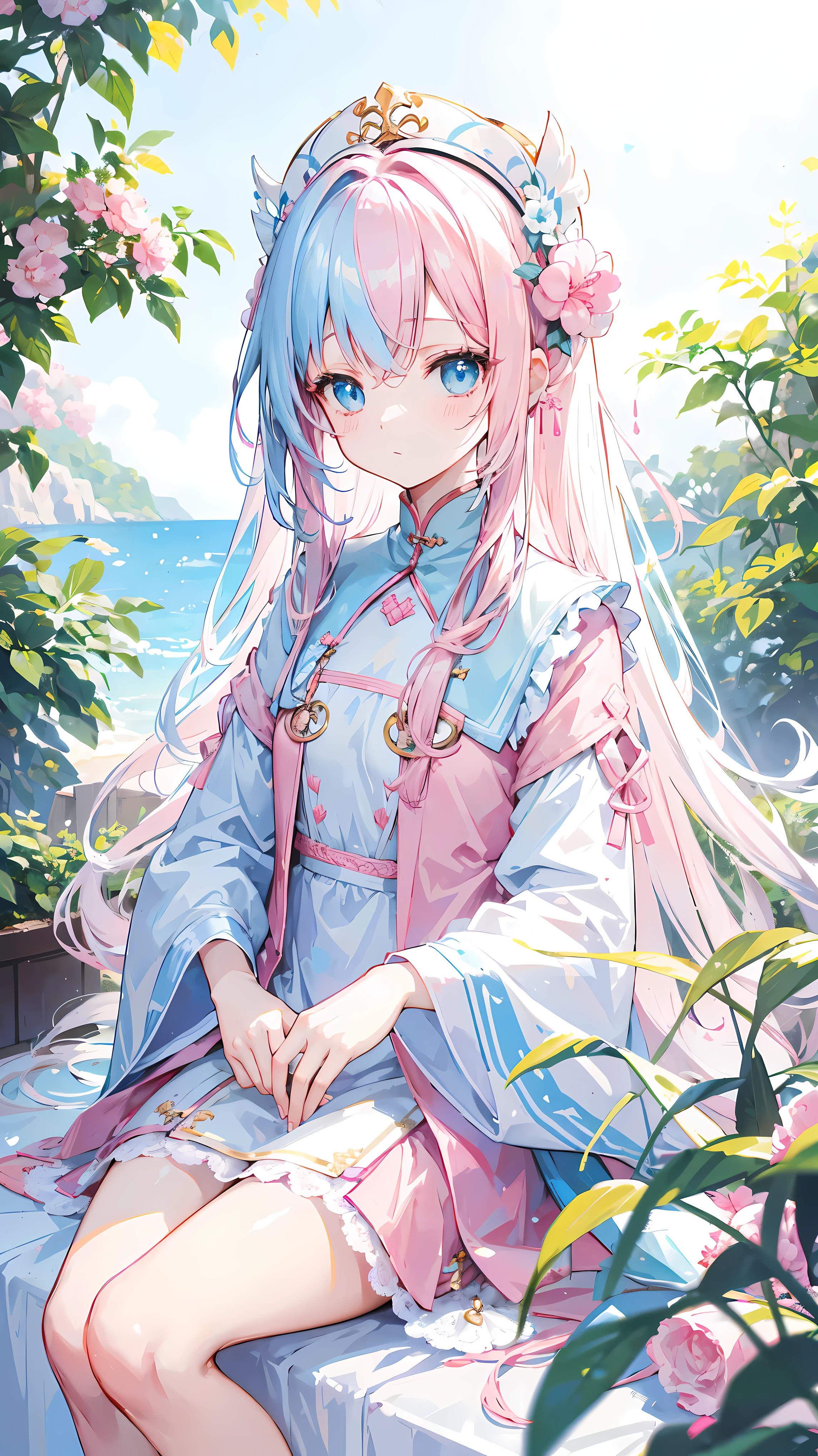 Light pink and white long hair，blue, White and pink clothes，She is a cute and lovely girl，Forward to senior sister，Looks very light and gentle，wear