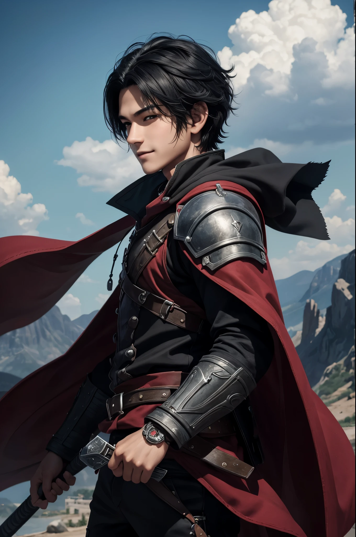 8K、solo、16 year old boy,super handsome boy,handsome boy with black eyes,Black hair short bob hair,black and red clothing,facing there、demon slayer boy,Remains,magnificent artwork、wind effect:1.9、Cloud Effect:1.2、Full Rendering、unreal engine,An expression that remains innocent,A cute boy,Super high resolution,super realistic skin,Super precise hand details,fantasy art,smile,