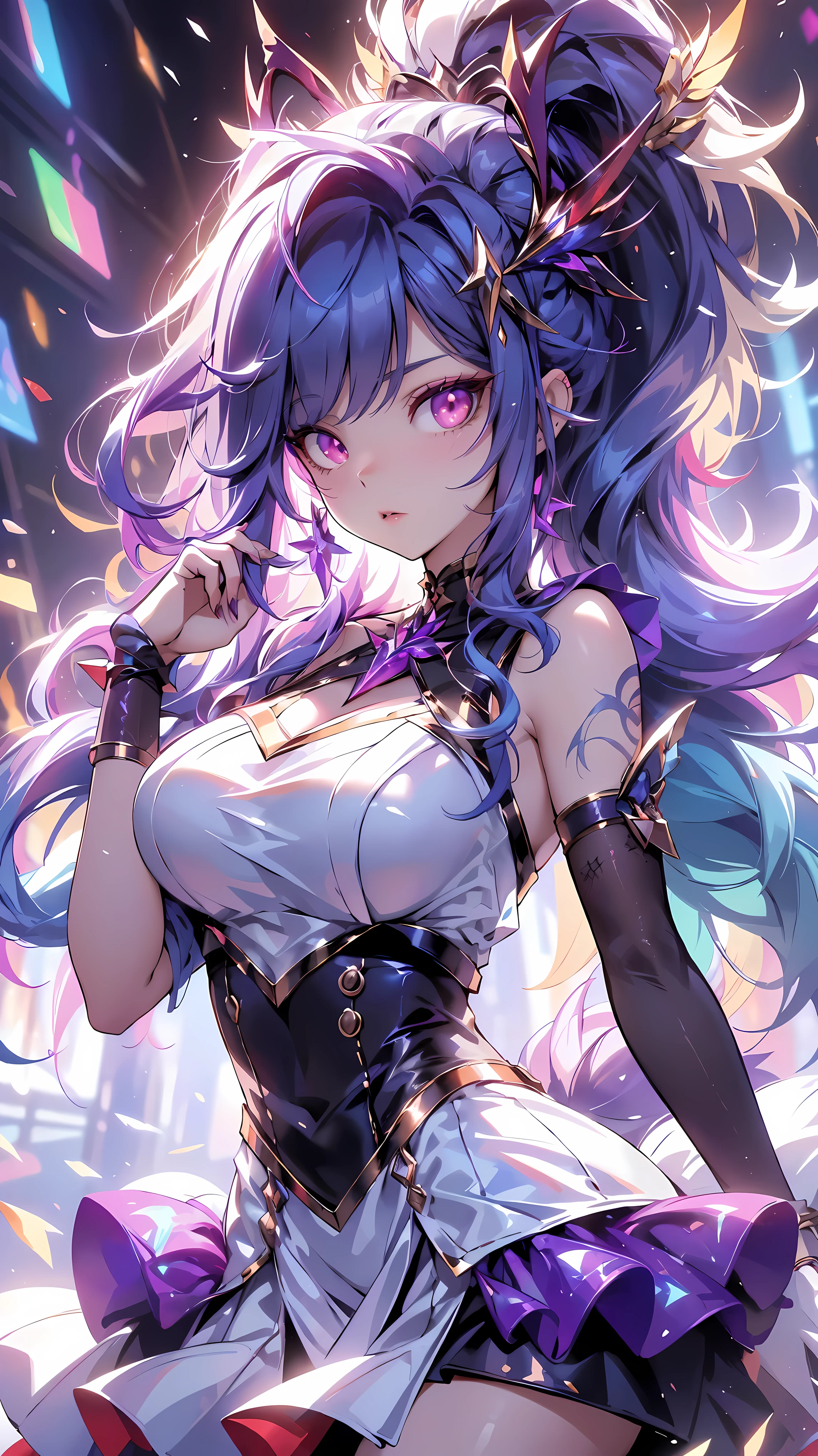 best quality,masterpiece,Final resolution,soft,extremely colorful,rich and colorful, Lolita long dress, white,Muffin shoes, Detailed face, 4K, Y2K clothing, Purple double ponytail, huge , , Idol, 眼睛的masterpiece, long eyelashes, juicy lips, There are bright spots in the eyes, elf ears, tattoo, ((red eyes))