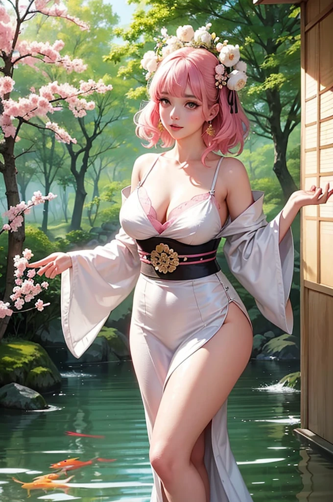 beautiful, with bright, almond-shaped eyes framed by thick, wisp-like lashes, a delicate nose, and full, pink lips that leave a subtle, inviting blush on her cheeks. Her elegance is further accentuated by the soft, ethereal glow cast upon her skin, as if bathed in the gentle light of a Japanese lantern. The artwork's background captures the essence of a serene Japanese garden, with blooming cherry blossoms, delicate koi ponds, and whispering bamboo groves. This masterpiece effortlessly combines the beauty of traditional Japanese culture with the allure of modern elegance, leaving viewers captivated by its beauty and detail.