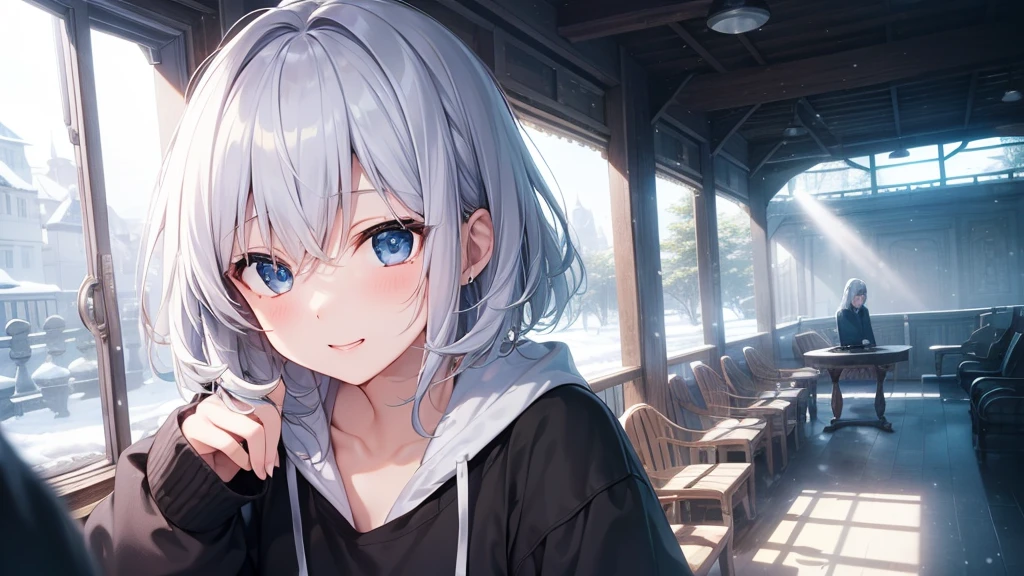 super high quality, with a girl, 20-year-old, very short hair, long bangs between the eyes, pale blue eyes , blue sky, sunlight, very detailed,(masterpiece、highest quality)、alone、gray hair、laughter、White skin as clear as snow、fantasy, silver hair, black eye, beautiful eyes,, ecstasy, charm, be smitten with audience, fantasyな風景、evening