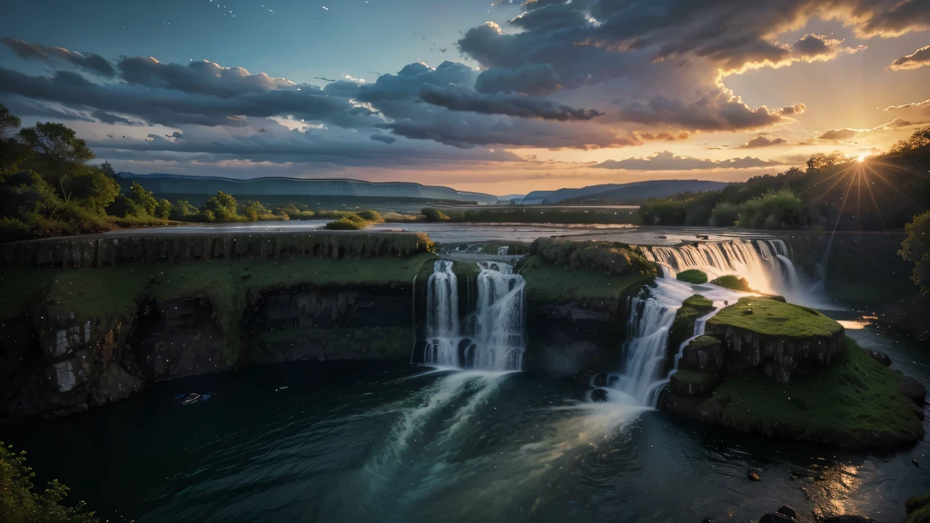 Masterpiece 8k quality hyper realistic ultra hd evening time photorealistic scenery of a waterfall in distance highly detailed mega hd