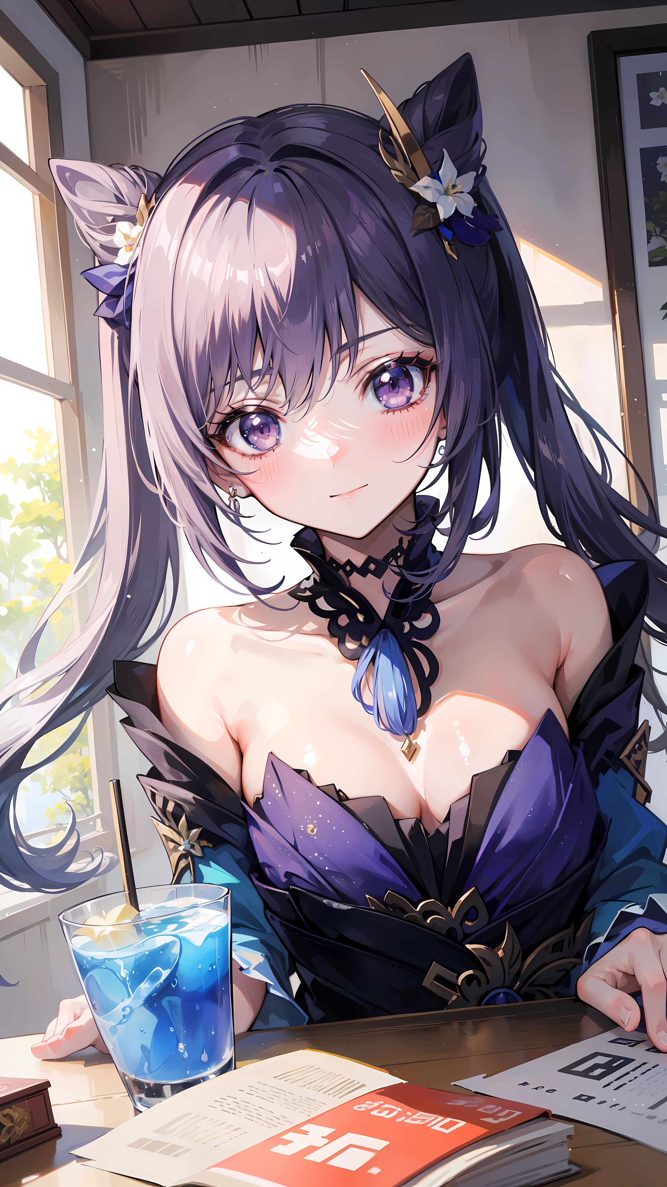 (masterpiece)1 girl, Keqing, Genshin Impact, best quality, expressive eyes, perfect face, Large upper body, Smile, blush, , indoors, Sky, simple background, lie, watch , 明亮的Sky空, watch at viewer, stairs, moody lighting