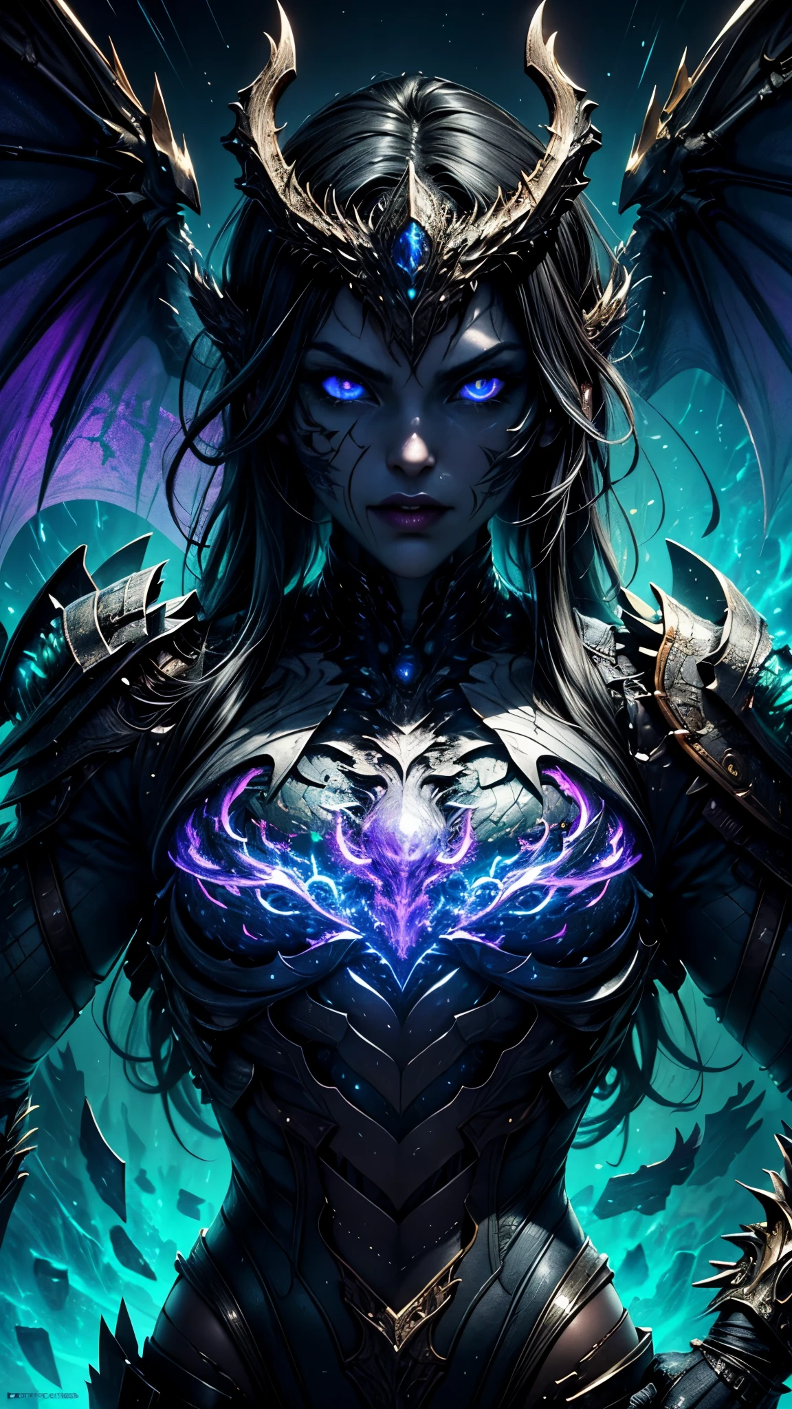 Masterpiece, best quality :1.3), ultra-detailed, intricate, 8k, HDR, wallpaper, dynamic action, colorful color scheme, ((upper body close-up)), Dragon Woman, (detailed eyes, scale-covered face, jagged mouth), necrotic scales, black, purple, neon green, ominous glow, glowing, ghostly fire-colored eyes, wing patterns reminiscent of interlocking computer code, bone fragments protruded from wings, eerie halos, glowing runes, Sharp claws, spectral hues, drifting lights, mythical creatures, dragon ears