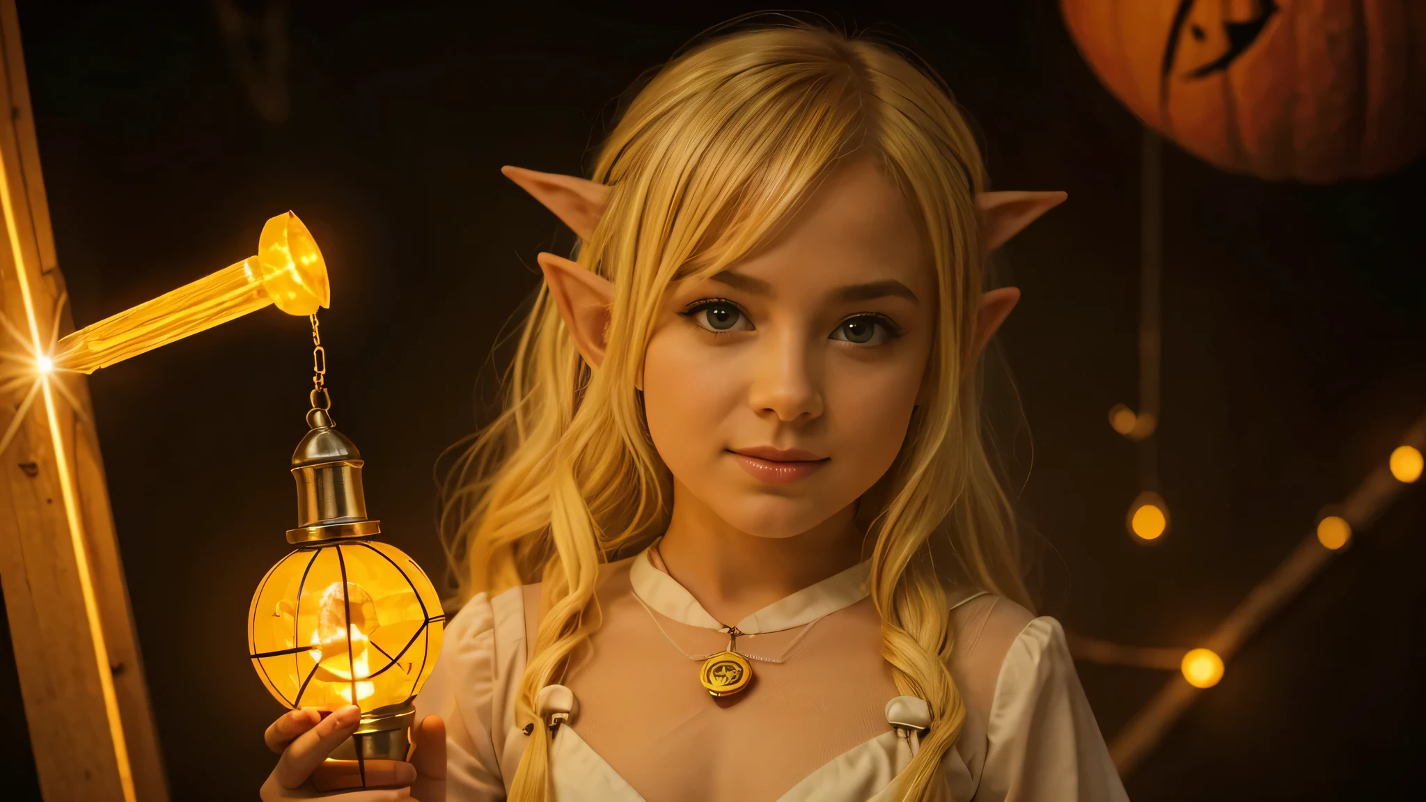 Cute portrait of a blonde elf child holding a jack-o&#39;-lanterna amarela, laser amarela com luz solar. ..