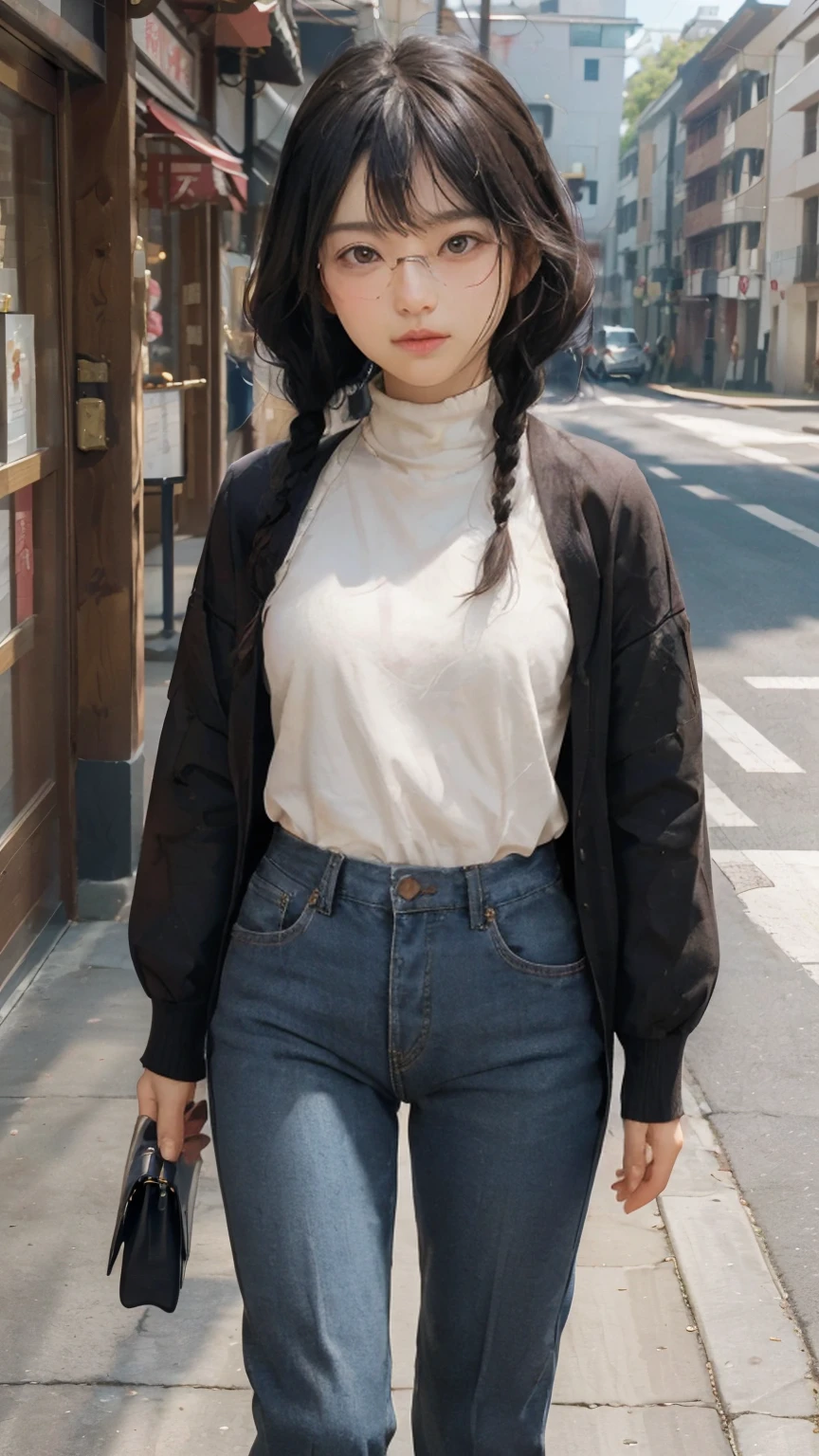 masterpiece, highest quality, one woman, Japanese people in their 20s, (black hair, very short hair, two braids, curly hair, Parting bangs), (symmetrical beauty, small face, sharp outline, thick eyebrows, dark eyebrows, realistic eyes, double eyelid, droopy eyes, small nose, thick lips, close your mouth), (smile, shy smile), (glasses, 縁が薄いglasses, 小さいglasses, レンズが小さいglasses, square lens), (wheat-colored skin, realistic skin texture, I cup breasts, Slightly plump body type), (jacket:long beige coat, inside:black turtleneck sweater, pants:dark blue long jeans, brown long boots), (Are standing, Show the whole body, Even the shoes are shown), The background is a building district, (face directly toward the camera, looking directly at the viewer, looking at the camera, The whole body is facing towards the viewer., whole body facing towards the camera, face looks straight into the camera).