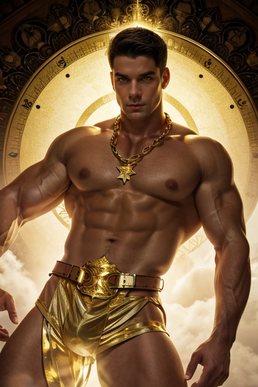 A muscular man is in a wonderland, 20yo, The emphasis is on the male body. Above his head is a halo surrounded by a white cloud and a golden sacred light., (his body is adorned with gold chains with precious stones), (A heavy belt with a band of gold underwear with sparkling gemstones). Voluptuous crotch. short black hair, big expressive eyes. A clock ticks in the distance. This scene looks like something out of the realm of fantasy or legend seen from above