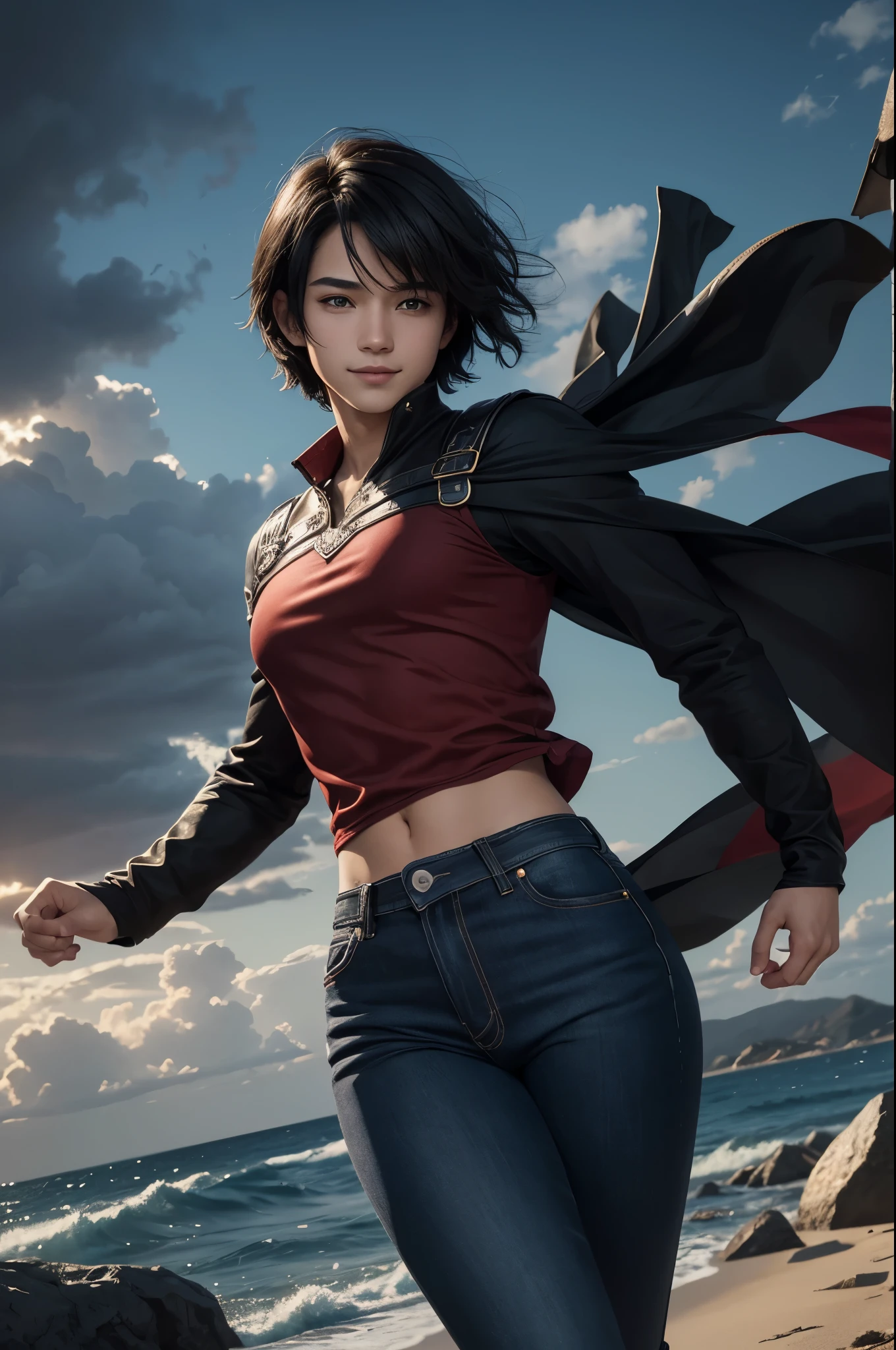 8K、solo、16歳のjuvenile,super handsome boy,handsome boy with black eyes,Black hair short bob hair,black and red clothing,facing there、juvenile,Remains,magnificent artwork、wind effect:1.9、Cloud Effect:1.2、Full Rendering、unreal engine,An expression that remains innocent,A cute boy,Super high resolution,super realistic skin,Super precise hand details,fantasy art,smile,black jeans,
