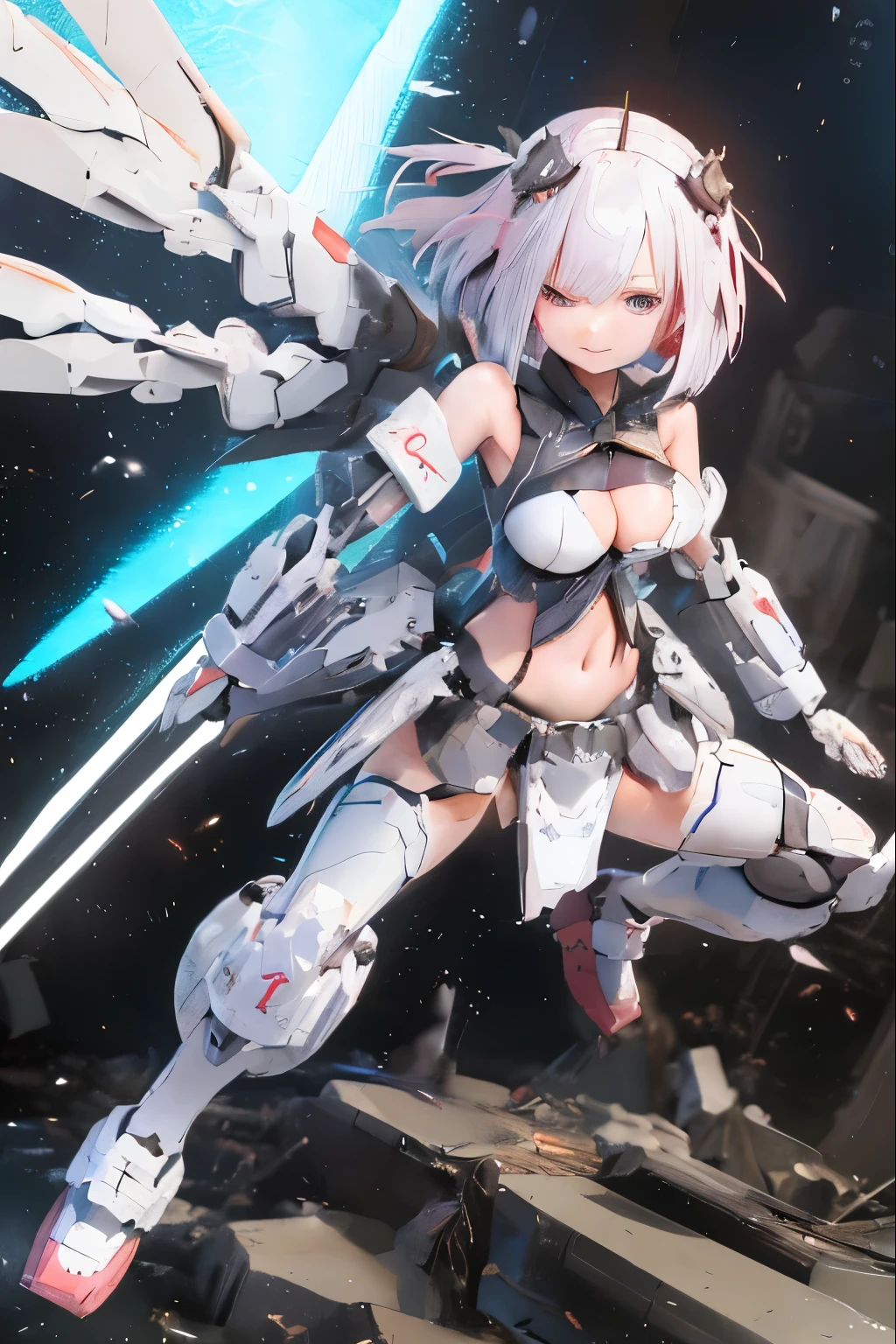 (highest quality)), ((masterpiece)), (very detailed: 1.3), 3D, {(japanese young girl)}, ((wears a futuristic Gundam mecha)),(Gundam), with headgear, with v-fin , ((unarmored cleavage)), ((unarmored stomach)), ((unarmored upper arms)), ((unarmored face)), (unarmored hands), (unarmored waist), ((unarmored thighs)), (unarmored ankles), japanese girl wear light blue and white striped pantie under armor,destroyed city background, multilayer textureperfect proportions, octane rendering, duotone lighting, Low ISO, wide aperture, White balance, Rule of thirds, ultra HD16k, HDR (High Dynamic Range), Ray Tracing, NVIDIA RTX, Super Resolution, Subsurface Scattering, PBR Texturing, Post Processing, Anisotropic Filtering, Depth of Field, Maximum Clarity and Clarity, High efficiency subpixel, subpixel convolution, particles of light, light scattered, Tyndall effect, full body:1.5, battle pose, cute, (cute:1.2), (bob cut:1.3),三つ編み, 黒髪, 太い眉毛, 薄い色の虹彩, 大きくて輝いている黒い瞳, 長いまつげ, 小さく薄い色の自然な唇, (Average face of Japanese idols), (日本人特有の童顔:1.3), (baby face), 広いおでこ:1.2, ふっくらした頬, 小さな顎, visible side boob, (mechanical wings), holding weapon,holding huge weapon, holding Very large shield, , asymmetric body,looking at viewer,Focus on the eyes,with sleek and menacing design,