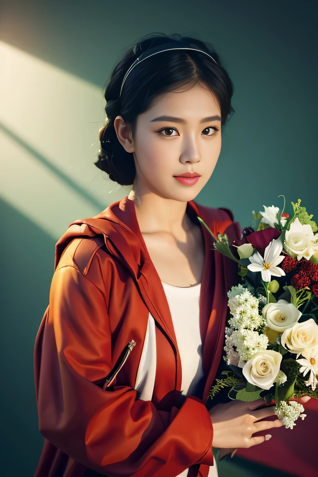 Highly realistic photo, ((masterpiece), (best quality), (raw photo), (photorealistic:1.4), Portrait of Vietnamese woman, 18 years old, black hair, big round black eyes, curled eyelashes, holding a bouquet of roses, sunlight, garden background, Vietnamese rural house, photo taken by Sony A7IV