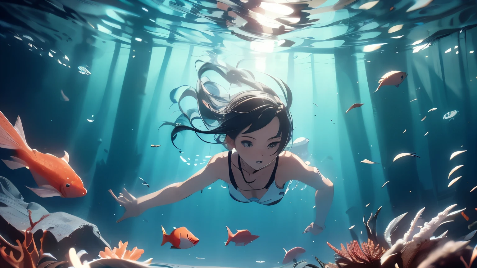 The girl is a diver for shells and pearls. Exotic, warm coral atoll. In an underwater scene, a very beautiful island girl collects shells in the coral reefs underwater. Bluewater, reflections of light from above penetrate through the water, air bubbles, and exotic - tropical underwater landscape. A girl - a diver in a realistic style, flexible - and graceful, with dark skin, and dark long hair developing in the water, dives headfirst for shells on the sandy bottom. Very positive exotic underwater scene - nude islander girl diver. She dives underwater, her hair is developing, there is a necklace on her neck, and there is a bag on a rope for treasure on her bare hips. Realistic visualization, in blue tones, light reflexes, coral atolls in the background (fish, crabs, malus, a variety of underwater tropical animals). High-detail textures, light reflections on the diver’s body, light refraction, and caustics. 8K, FUL HD, cinematic rendering, feature film., black hair, bead necklace, light smile, seductive smile, Surrealism, Futurism, chiaroscuro, ray tracing, reflection light, partially underwater shot, first-person view, from below, panorama, sideways, Surrealism, Futurism, Contemporary art, chiaroscuro, sparkle, ray tracing, reflection light, partially underwater shot, first-person view, wide shot, from below, panorama, perspective, sideways, Surrealism, Futurism, chiaroscuro, reflection light, backlighting, letterboxed, from below, panorama, UHD, masterpiece, high quality, award winning, UHD, masterpiece, ccurate, high details, award winning, best quality, HD, 16k, masterpiece, anatomically correct, ccurate, textured skin, super detail, high details, high quality, award winning, best quality, HD, 8k