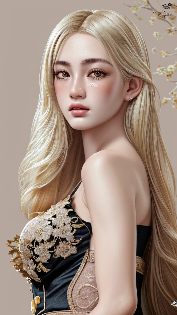 (Highly detailed CG unit 8k wallpaper, masterpiece, highest quality, super detailed),9Asian woman years old, immature, round face,(highly detailed skin: 1.2), straight long straight hair、blonde、black eye、whole body、full shot camera angle