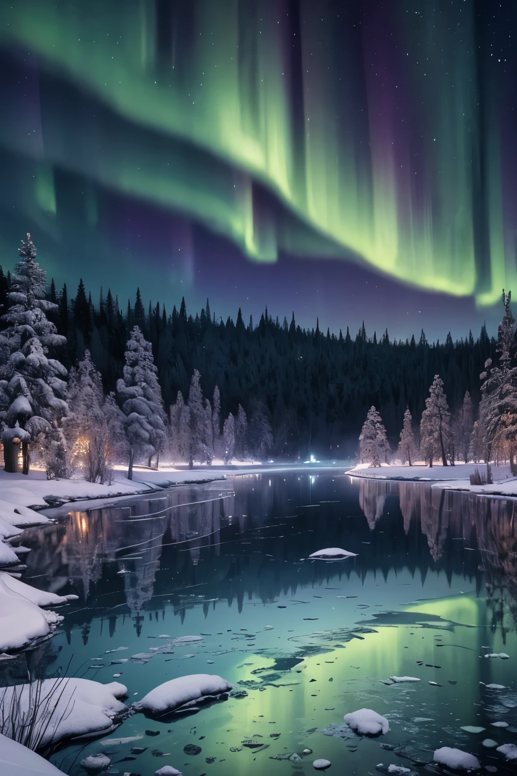 (A masterpiece with resolutions up to 16K), best quality,(((intricate details:1.4))), (((Extremely crazy details:1.4))),(Quality of 16k Unified Highly Detailed CG wallpaper),(Soft Colors 16k Highly Detailed Digital Art),super detailed. | stunning reflection, The best reflection ever, (Glitter), (particle effects), Isometric 3D, octane rendering, laser tracing. | cold winter full of snow,a frozen lake with dim light,The night sky is filled with aurora borealis of many colors which are reflected in the lake,a shooting star can be seen, dense forest