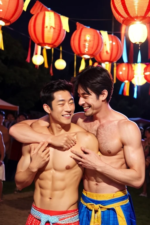 picture、Two men hugging and kissing、30 years old、male、Japanese、very handsome、Topless、short clothes、Half quilt、loincloth、abs、Pectoral muscle、open legs、smile、festival、night、summer、