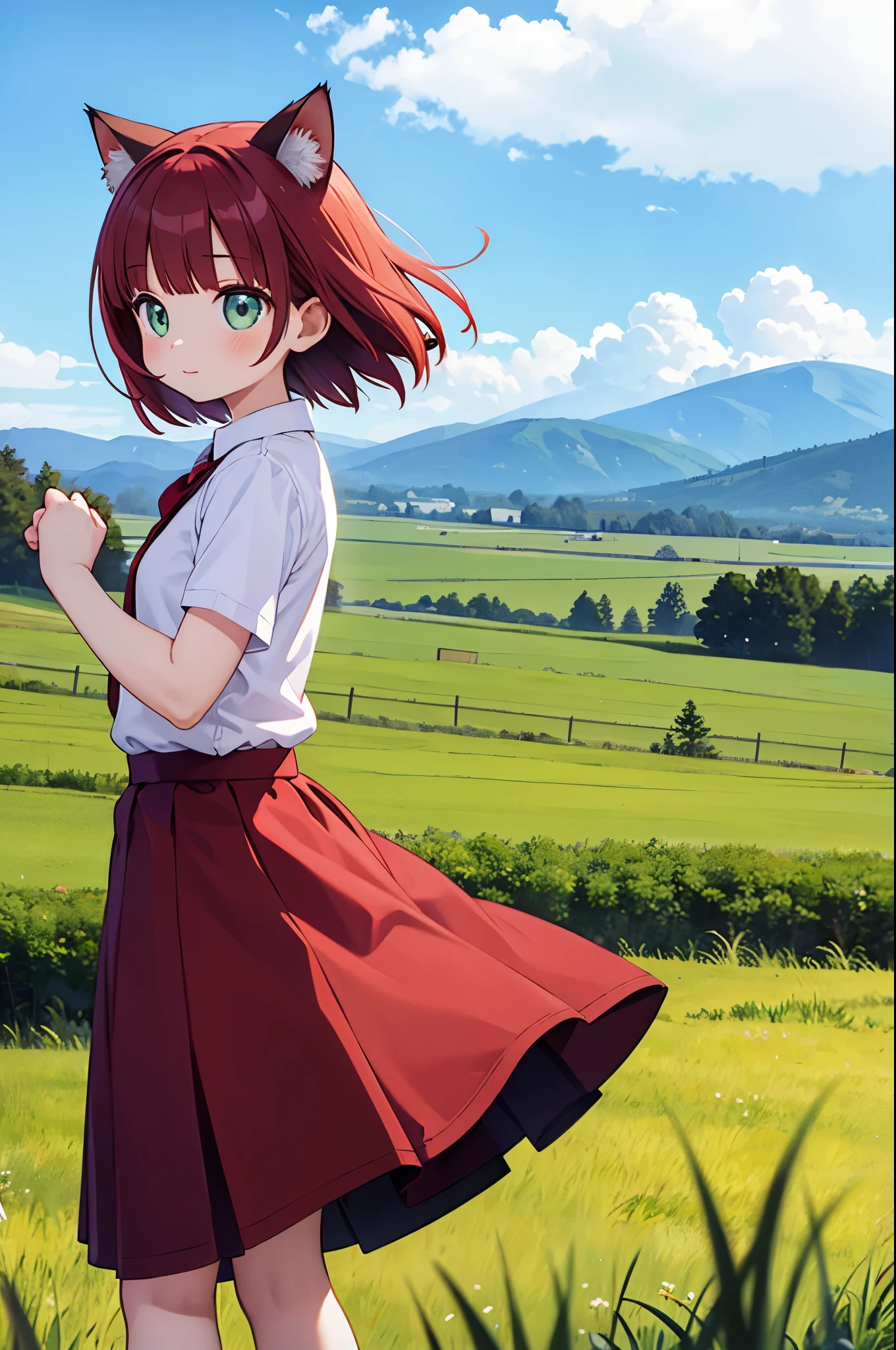 cat ears, feild, red short hair, skirt, wind,