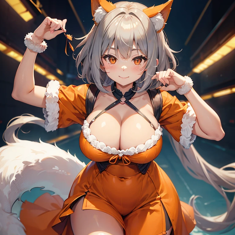 gray hair,girl,young,girl,(Orange clothes),fluffyの尻尾,orange animal ears,Plump,Performance: confident smile,bright eyes , big smile,Plump,kind,Generous, bob ,sexy,big tail,Seductive chest, cleavage,cleavage cutout,alone,Sloppy,bob cut, natural wavy hair,low length,child,(fluffy:1.5)