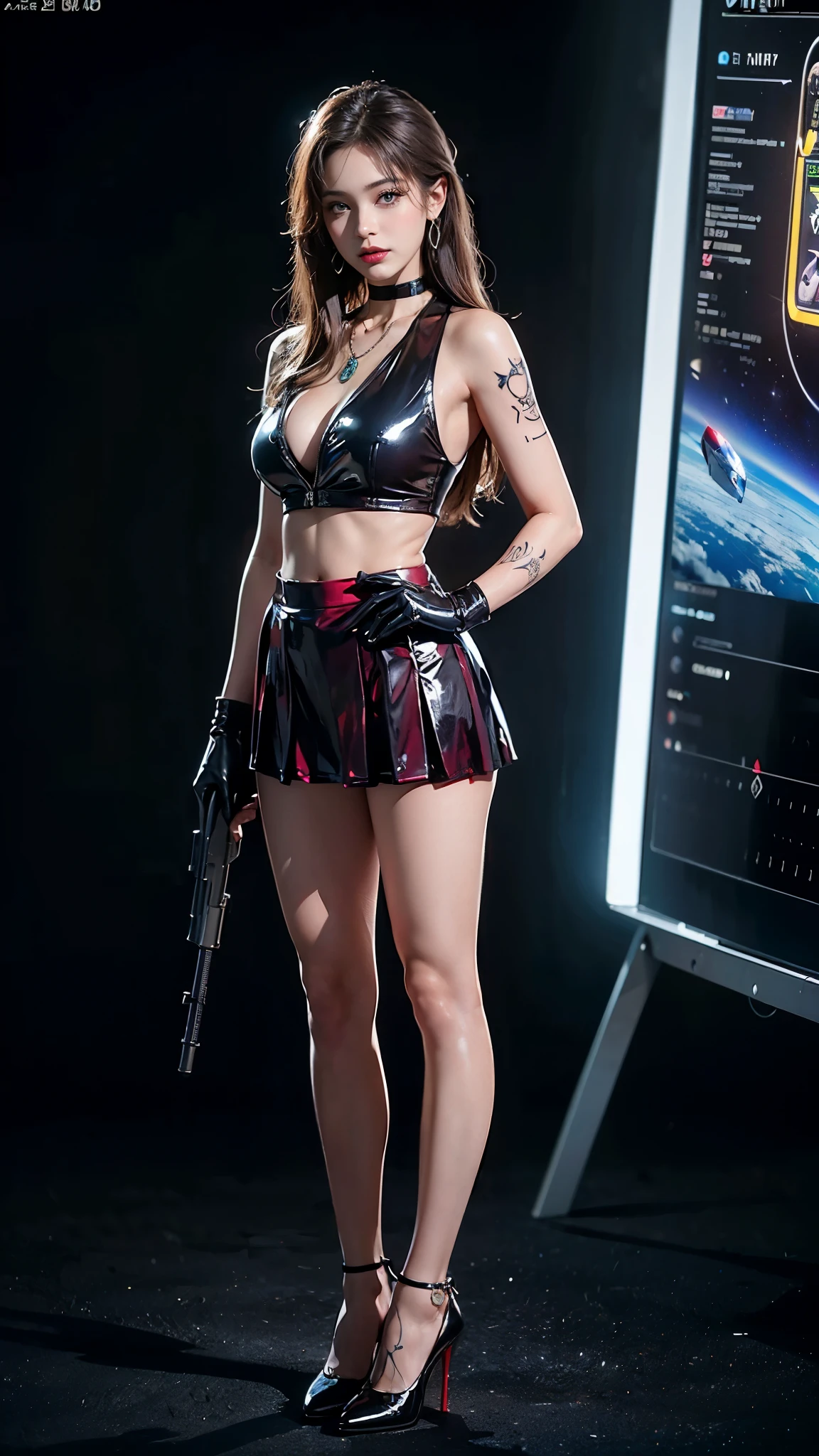 ((masterpiece:1.4)、(highest quality:1.4)、(realistic:1.7))、master piece:1.4、(Finest rendering:1.4)、(Female SWAT member of the 73rd Division of the Space Federation:1.4)、Super beautiful捜査官、(Written by Luis Royo:1.4)、(hold a gun:1.2)、Body Fit Sexy Uniform、(Luxurious shiny latex:1.4)、(Navy blue sleeveless uniform jacket)、(Underwear White Sexy Super Ultra Bikini)、(luxury red latex:1.4)、(Red pleated mini skirt:1.4)、22 years old、(cute tattoo:1.4)、(wearing white gloves)、cute girl、Super beautiful、sharp focus、portrait photography、(perfect female body:1.4)、perfect proportions、(full body photography:1.4)、beautiful face、Fearless look、beautiful eyes、narrow waist、beautiful feet、(long hair:1.2)、beautiful breasts、big breasts:1.2、sexy butt、(Standing facing the front:1.4)、Raw photo、red lips、red high heels:1.4、choker:1.4、necklace:1.4、earrings:1.4、1 screen display、Beautiful night view of Cyberpunk City:1.2