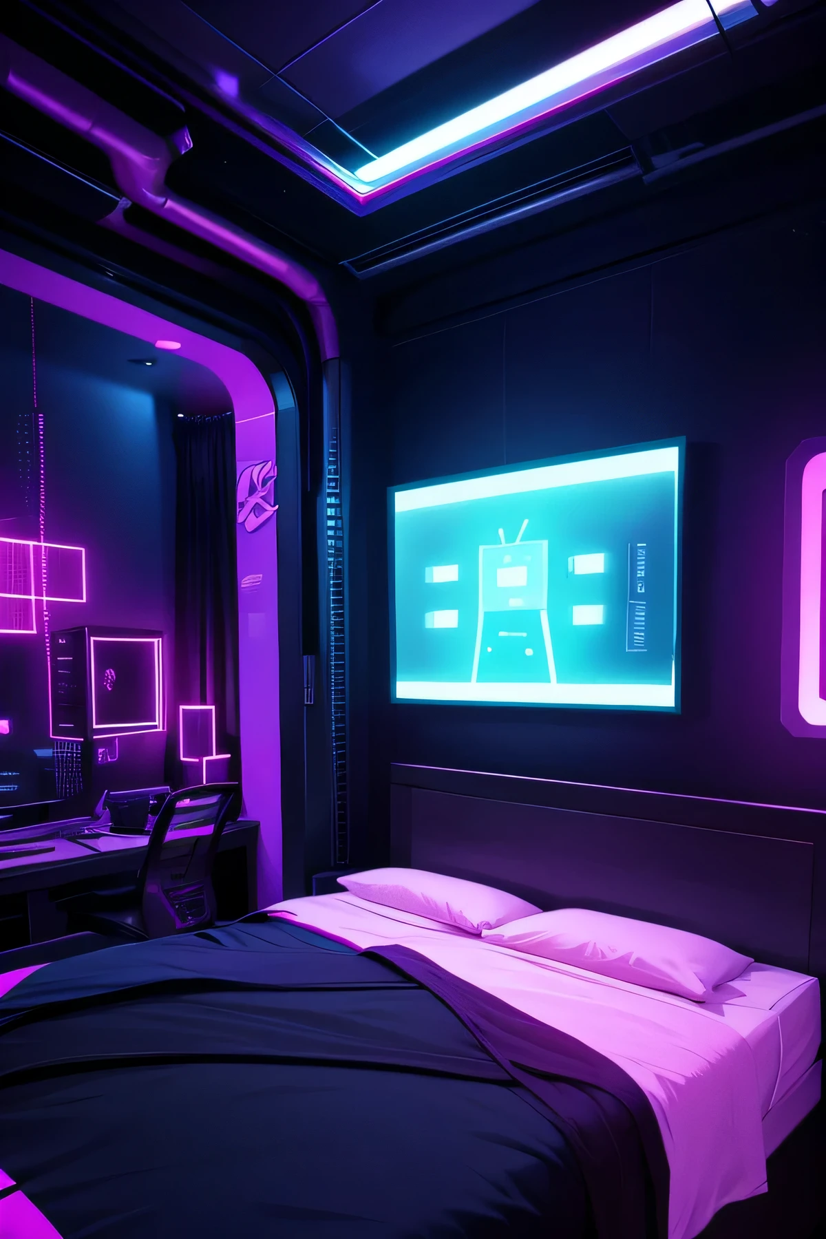 A goth, cyberpunk bedroom, with a large bed in the middle, the room is lit by bright neon lights