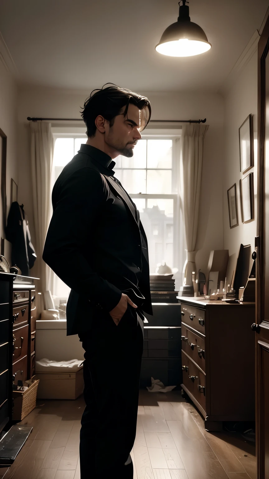 A man is searching through drawers in a room at night, in London, England, 19th century, (background: All the drawers in the room are open:1.2) , (the room is very messy:1.2). The interior lights flicker. The man's facial expression is irritated. The man is wearing black clothes. wide shot, dynamic,