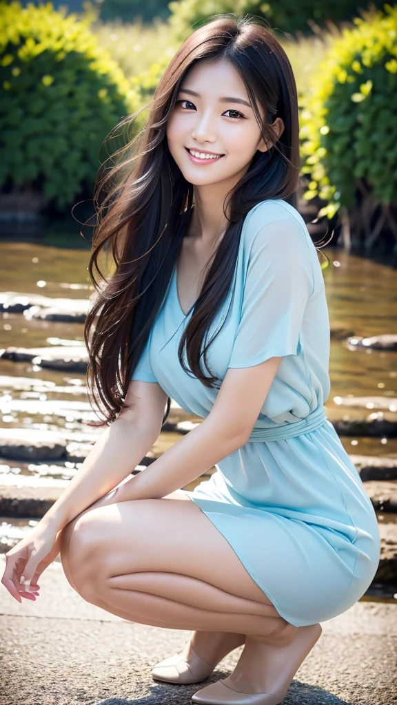 Beautiful portrait of a stunning goddess girl, Slender white long legs,Smile,Beautiful and delicate face, porcelain skin, full-body shot, center, super soft lighting, symmetry, complex, elegant, Very detailed, lifelike, art station, concept art, Smooth,Half-length photo,A pretty girl in a light blue dress squats by the river,Long black hair spread around the waist
