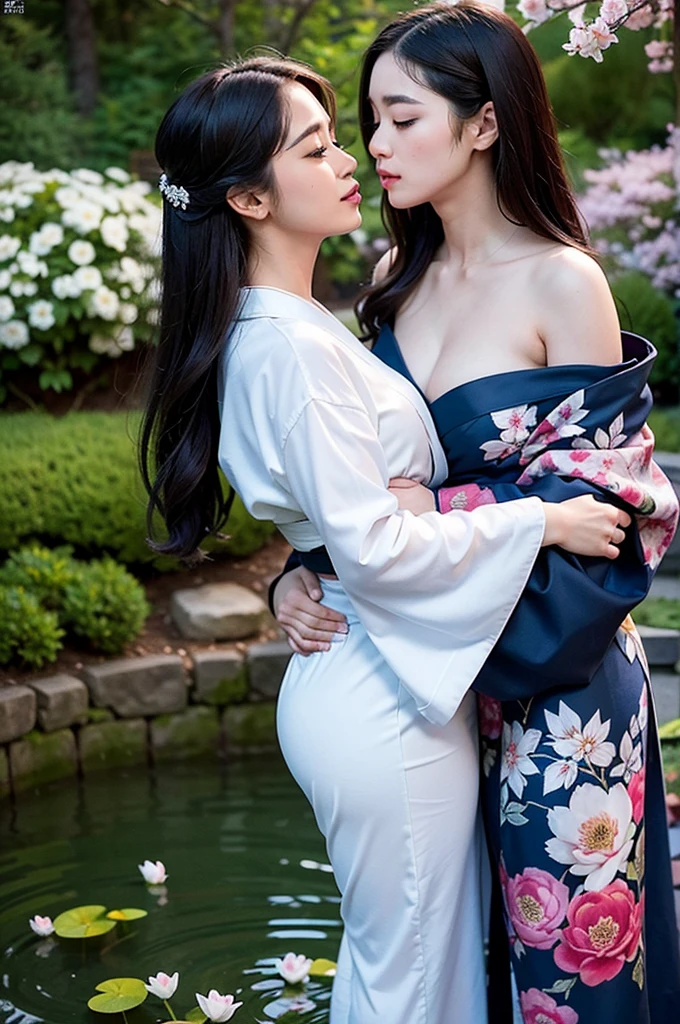 garden, filled with blooming cherry blossoms and a tranquil pond. The sun sets behind mountain peaks, casting a warm and gentle glow over the scene. The second girl wears a traditional blue kimono, with intricate patterns that complement the first girl's red attire. Her long, dark hair falls in soft waves over her shoulders, and her expressive black eyes mirror the mystery and allure of her partner. They stand in the center of the garden, their lips meeting in a passionate and deeply emotional kiss. The artwork captures every detail, from the delicate folds of their kimonos to the subtle nuances of their facial expressions. The high definition and resolution are impeccable
