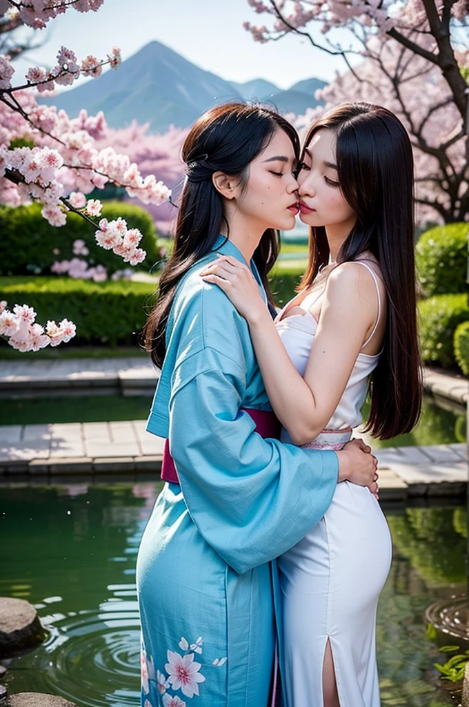 garden, filled with blooming cherry blossoms and a tranquil pond. The sun sets behind mountain peaks, casting a warm and gentle glow over the scene. The second girl wears a traditional blue kimono, with intricate patterns that complement the first girl's red attire. Her long, dark hair falls in soft waves over her shoulders, and her expressive black eyes mirror the mystery and allure of her partner. They stand in the center of the garden, their lips meeting in a passionate and deeply emotional kiss. The artwork captures every detail, from the delicate folds of their kimonos to the subtle nuances of their facial expressions. The high definition and resolution are impeccable
