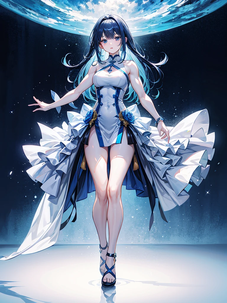 （（（masterpiece、Highest image quality、highest quality、highly detailed unity 8ｋwallpaper）））、（（Illustration of one girl））、（（（beautiful girl）））、blue hair、stocky build, thickset physique：1.3, muscular legs, broad shoulders, solid chest、white clothes