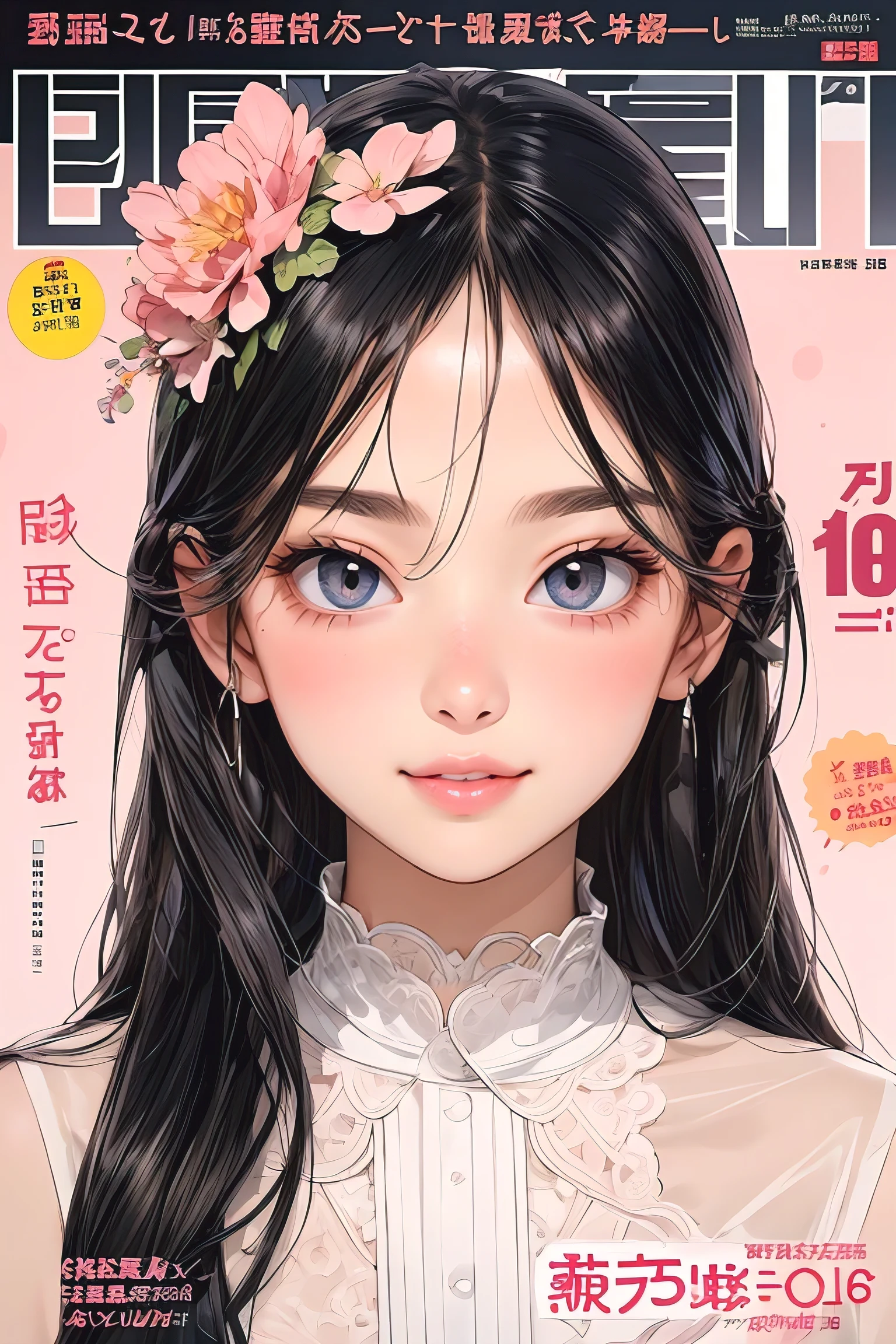 (magazine cover:1.3), "FACE", photorealistic, lip gloss, painting, realistic, best quality, ultra high resolution, depth, pastel color, natural shading, focus on face, face only, looking at viewer, long hair, hair accessory, black hair, brown and well detailed eyes, Dress