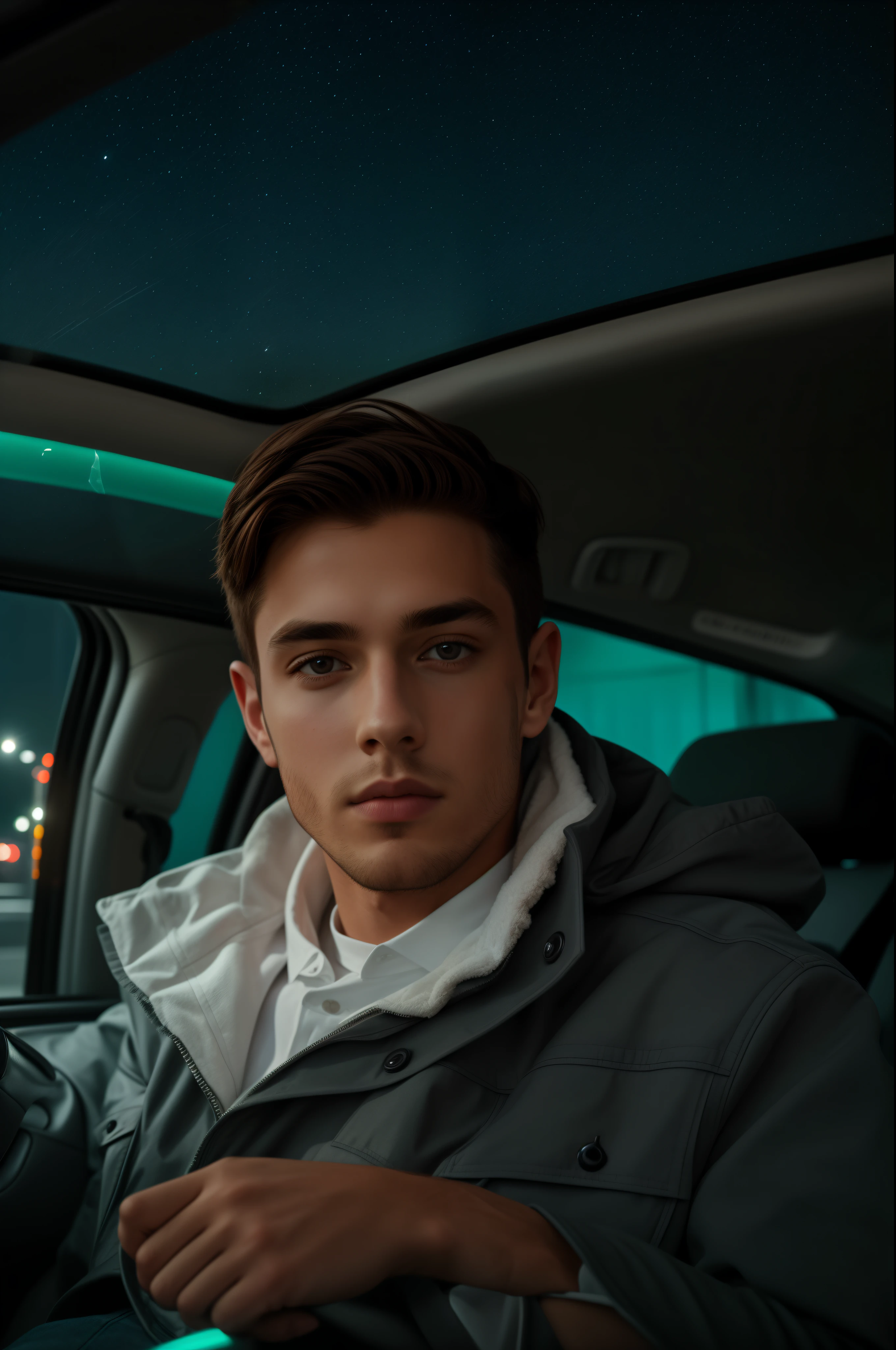 Young man sitting in a car, neon light in the window, black jacket