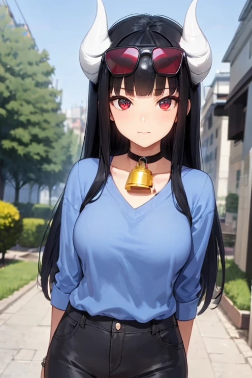 a woman (long black hair, horns, glasses, blue sweater, eyewear on head, red eyes, bangs, closed mouth, choker, bell, collarbone, black pants, blunt bangs), outdoors, standing