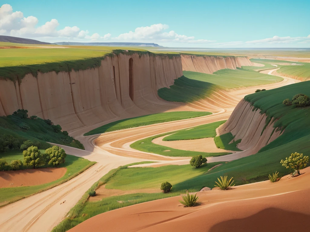 pintura feita em estilo aquarela, Feito em estilo desenho de cartoon, onde podemos ver uma estrada de terra que passa entre rios, cercada de vales obscuros e montanhas, in a desert setting, Use the watercolor technique used to create the image, highlighting the soft brushstrokes and translucent colors that bring the scene to life, com algumas tamareiras,