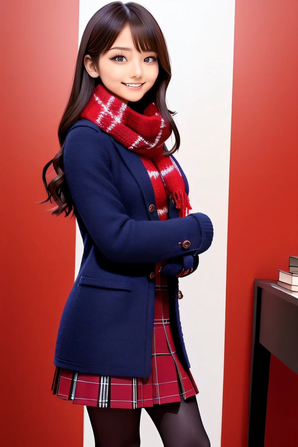 at school, (dark-navy theme:1.3), (Wear a dark-navy duffel coat over school uniform and exposed only skirt-hem:1.4), (black and white plaid-pattern pleated skirt:1.1), ((dark-brown pantyhose, loafers):1.2), 
BREAK (red theme:1.3), (plaid-pattern knitted red scarf:1.4), Straight long hair, bangss, s lips、out makeup、short eyelashes、watching at viewers、A smile、Photorealsitic、high-level image quality、masutepiece, Best Quality, 8K, Beautie、Fine details