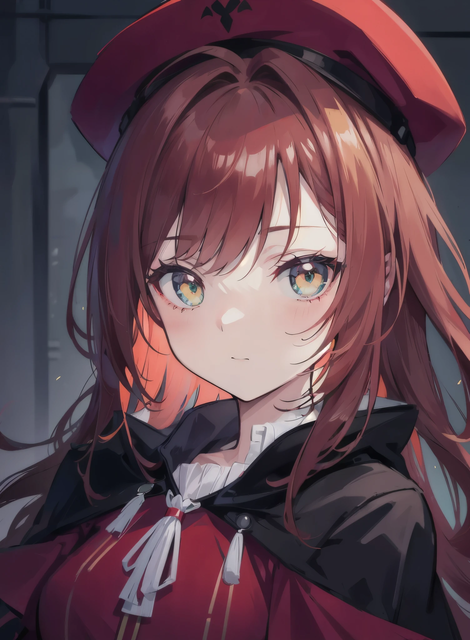 Green pupils，red and white gown，Long reddish brown hair