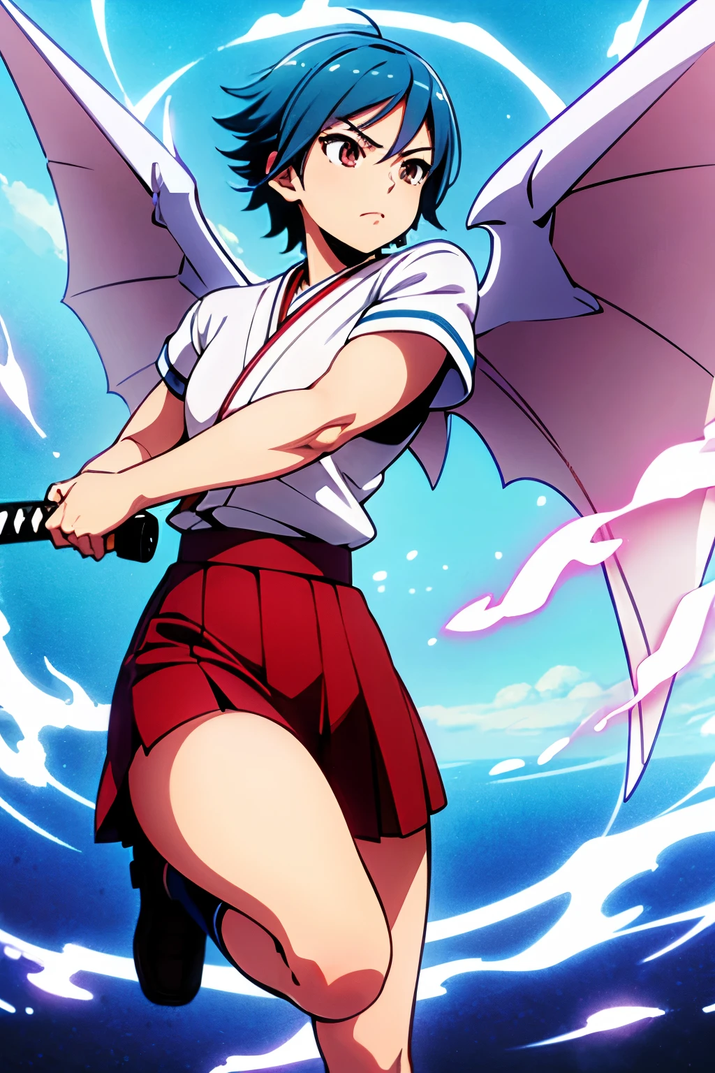 masterpiece, high quality, 4k resolution, anime style, vibrant colors, image of a girl with light blue hair, short hair, muscular, tomboy, brown eyes, detailed eyes, white draconic wings, wearing a masculine japanese school uniform, confident expression, holding a katana, with a japanese school in the background
