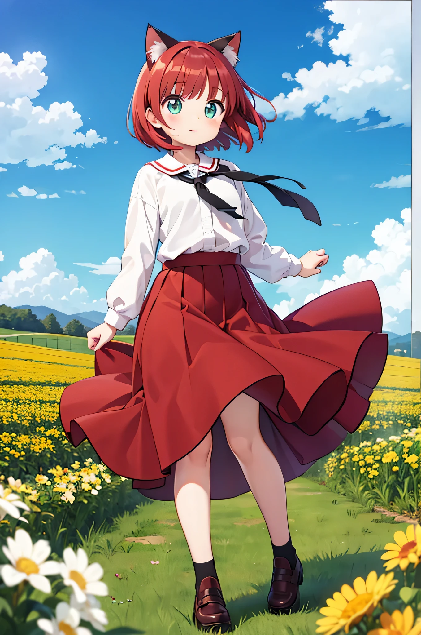 cat ears, feild, red short hair, long skirt, wind,