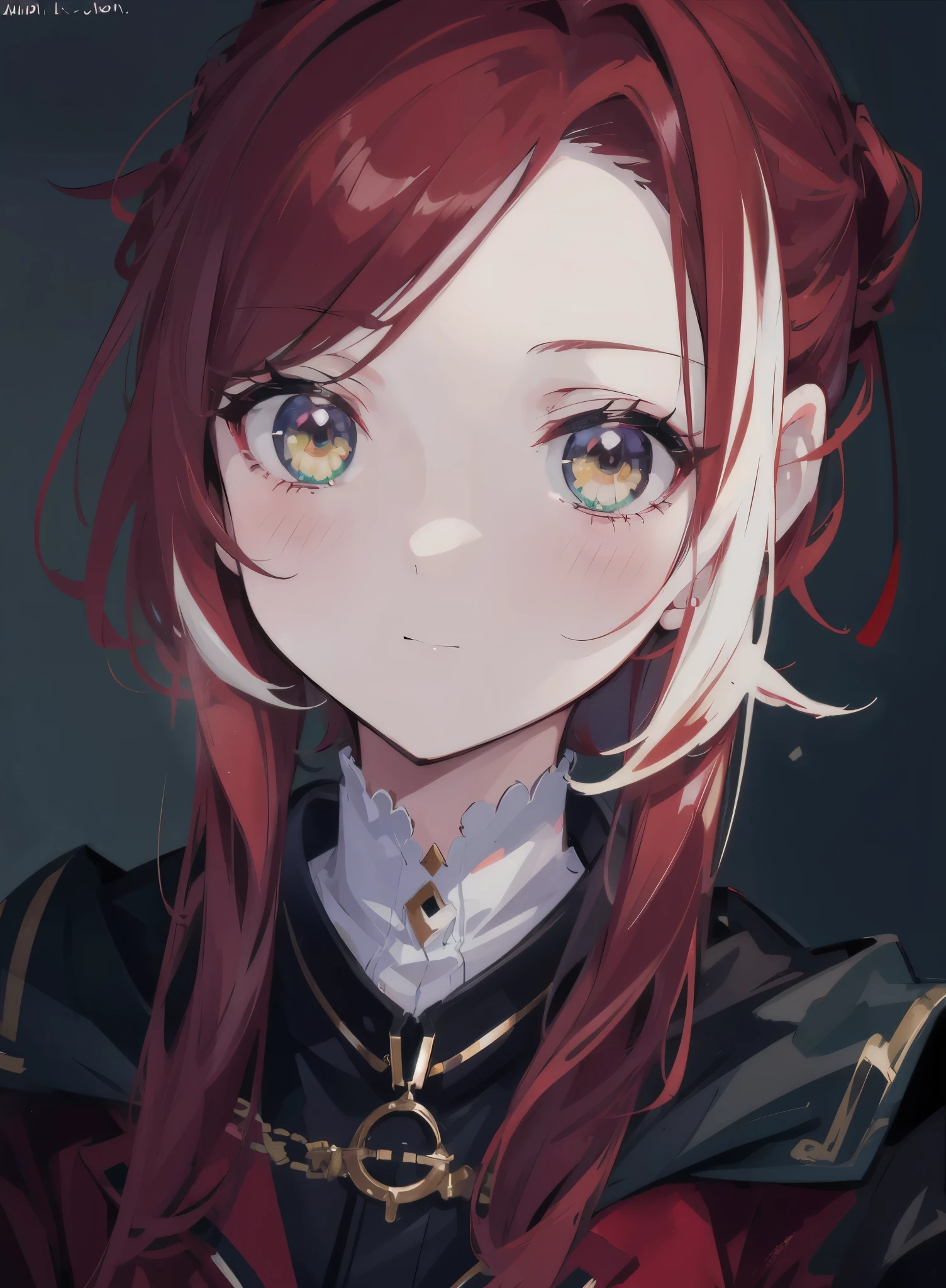 Green pupils,red and white gown,Long reddish brown hair