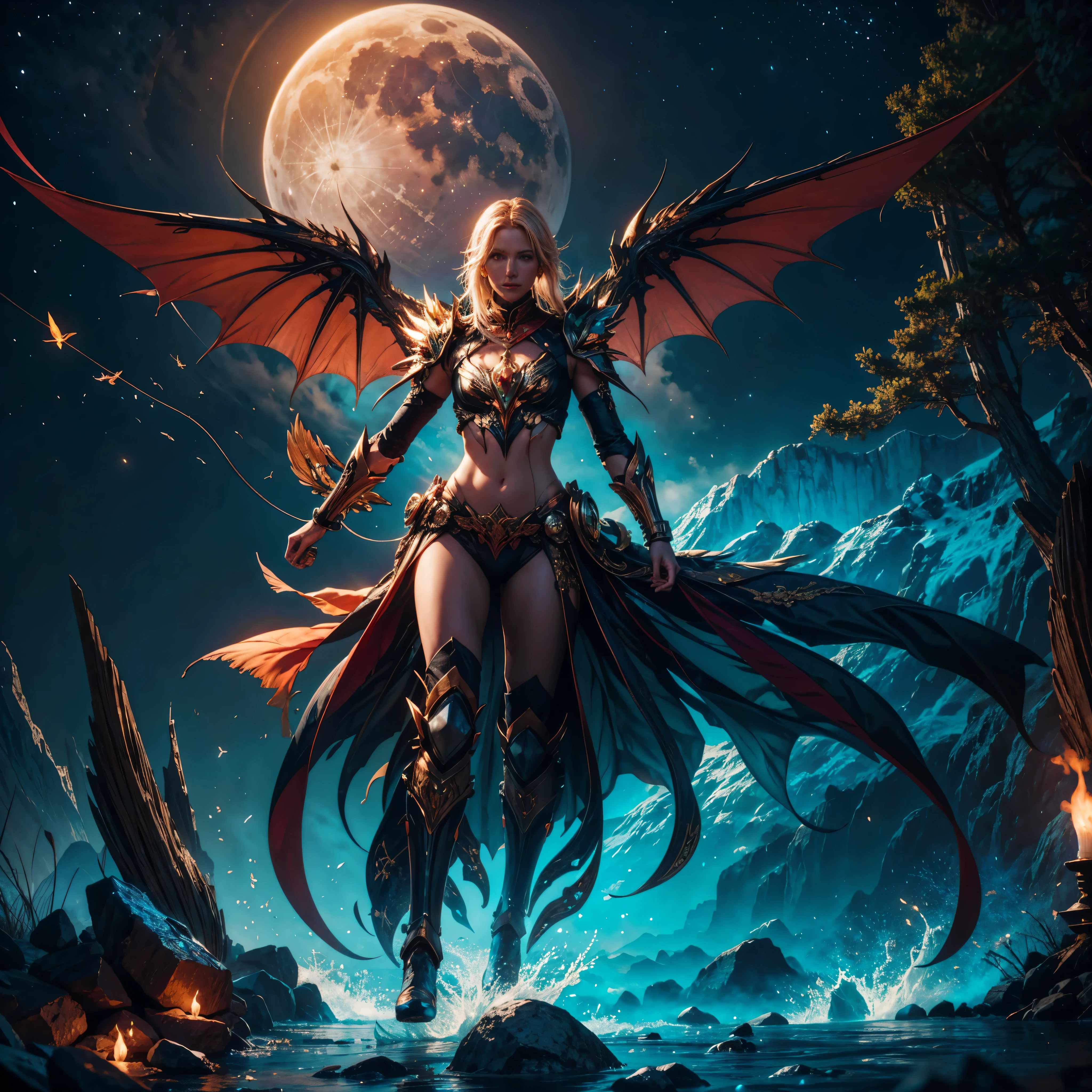 In a setting (lush jungle:1.5), in the middle of (majestic waterfalls:1.5) (turquoise blue), a (sublime warrior alone) sits on a rock, her large blue eyes piercing the camera lens.    The (dark night sky:1.3) above is lit by a (fiery red moon:1.3).  Her perfect physique is highlighted by a beautiful (bikini armor:1.5) adorned with (bones:1.3).  She wears a (black tiara with horns:1.3) on her (long blonde hair:1.3) and her (pretty face) sports a (sultry smile).  She has (2 large wings: 1.5) on her upper back.  (2 high bone wings: 1.3).  (2 high symmetrical wings). (Darkness). (Bone armor, stripped armor:1.3)