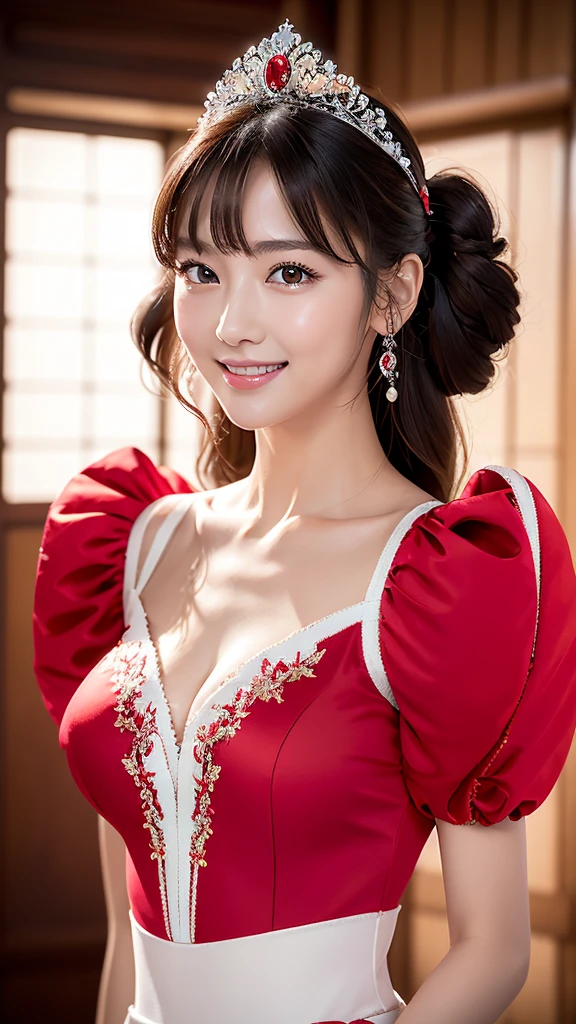 Beautiful portrait of a stunning goddess girl, Slender white long legs,Smile,Beautiful and delicate face, porcelain skin, full-body shot, center, super soft lighting, symmetry, complex, elegant, Very detailed, lifelike, art station, concept art, Smooth,A pair of gymnastics clothes,Black and red are dominant、It reveals a sense of mystery and cuteness、Puff sleeves for princess outfits。Black undertone,Made of red and white bordering、The fabric of the upper body fits snugly、Set off the girl's exquisite body、The design reveals the exquisite and compact collarbones、Thin black bands connect the black and white clothes