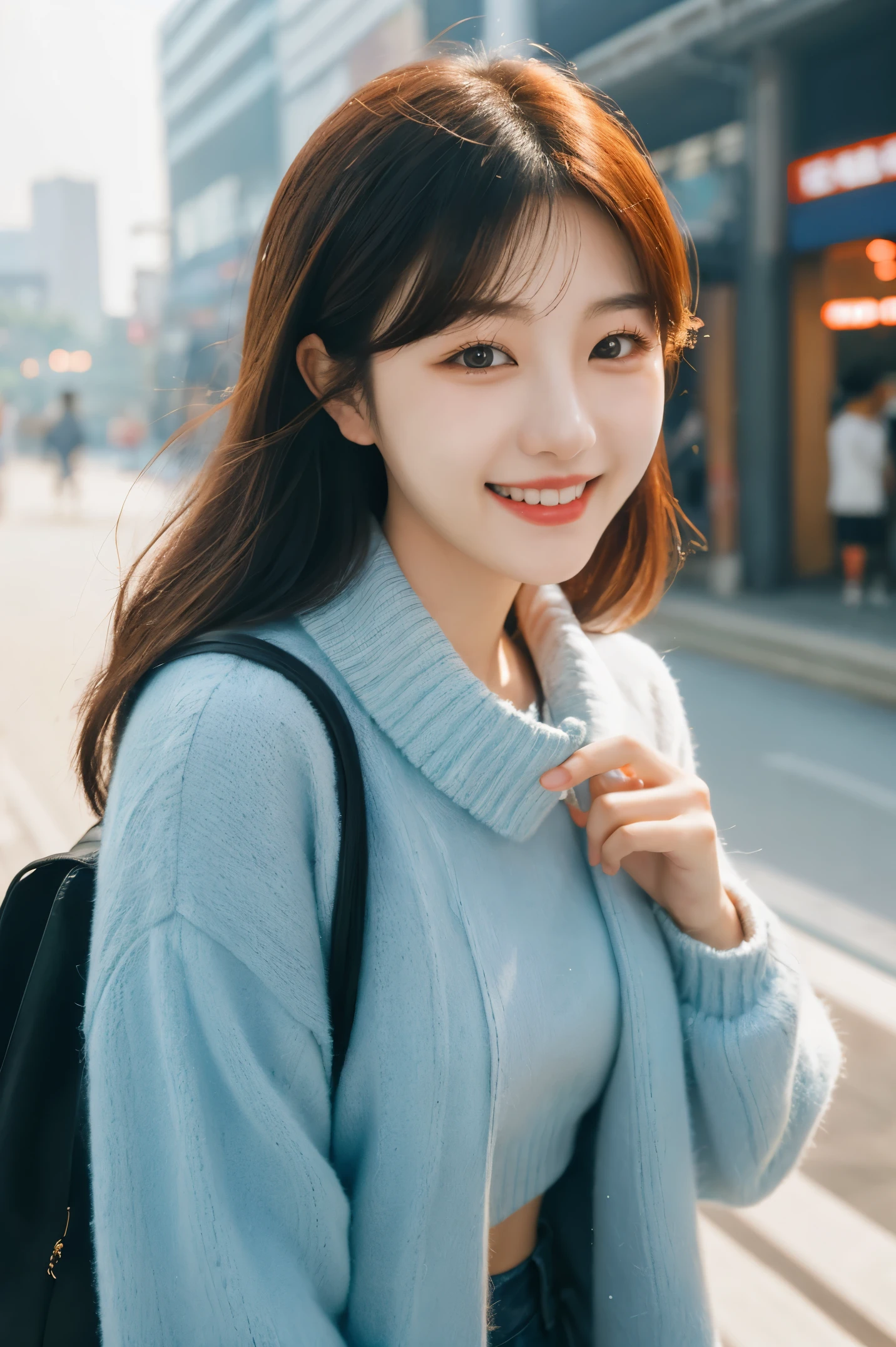 Korean girl smiling brightly looking to the side in Seoul,Soft lighting effects