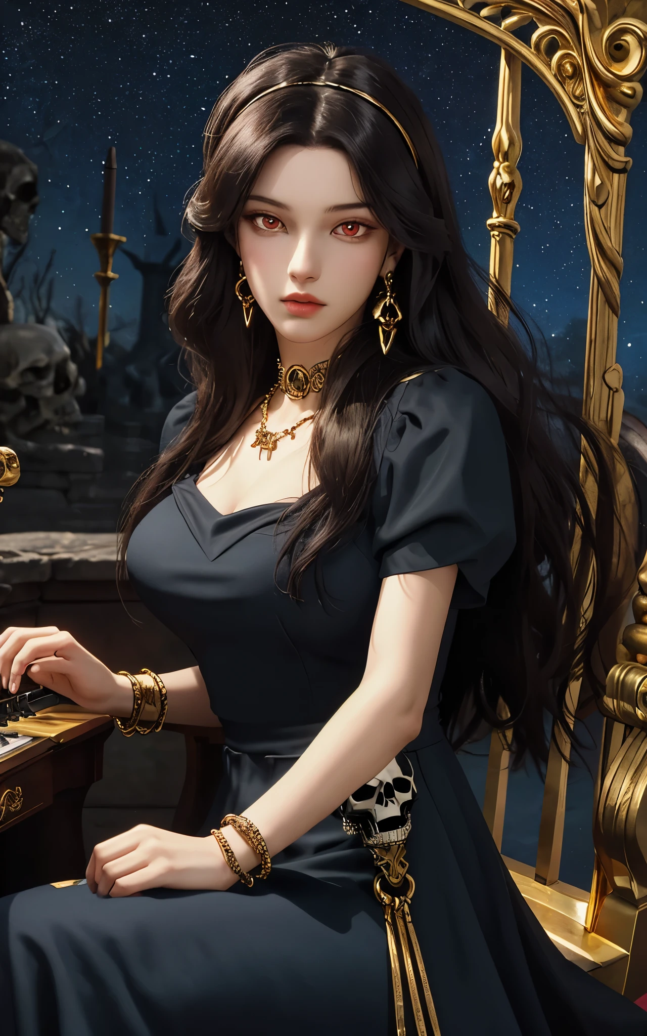 1 girl, solo, details, masterpiece, best quality, photorealistic realism, beautiful girl, long hair, black hair, skull headband,  gold earrings, red eyes, beautiful face, skull necklace, perfect body, large breast, open chest, black long dress, skull bracelet, gold earrings, musical instrument,  sit on ancient chair, dark sky, dark temple, 