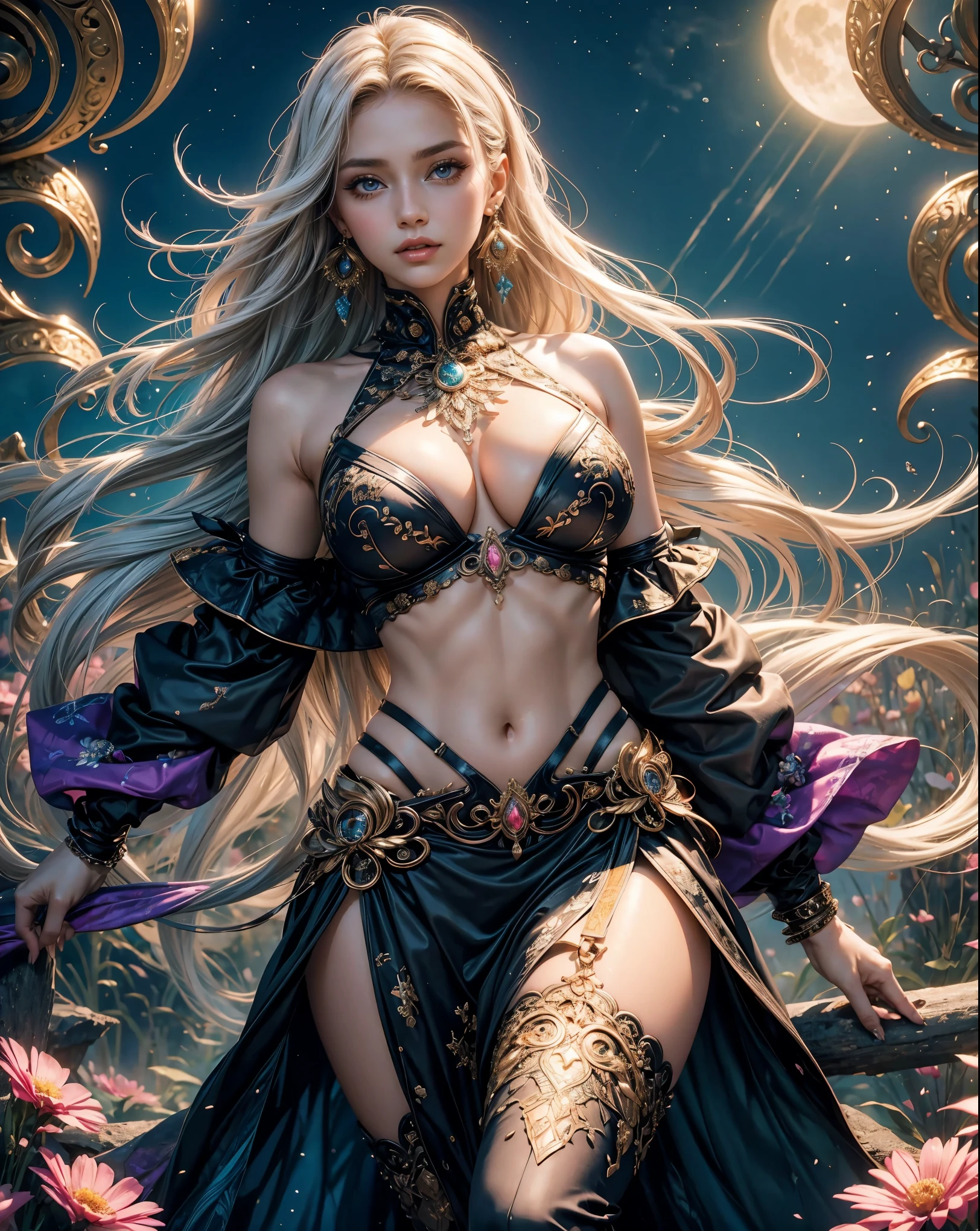 (1girl:1.3), extremely detailed,(fractal art:1.1),(colorful:1.1),highest detailed,(zentangle:1.2), (dynamic pose), (abstract background:1.3), (shiny skin), (many colors:1.4), ,(earrings:1.4), Realistic portrayal of a beautiful young woman, with flowing white hair and piercing purple eyes. Big boobs, sexy curves, moon goddess, sexy body curves, Her eyes seem to glow with an otherworldly light, and her parted lips reveal a hint of blush on her cheeks. She's wearing a stylish crop top and skirt, and is surrounded by a sea of vibrant flowers, illuminated by the warm light of the setting sun. The gentle sunlight casts a dreamy glow over the serene night scene