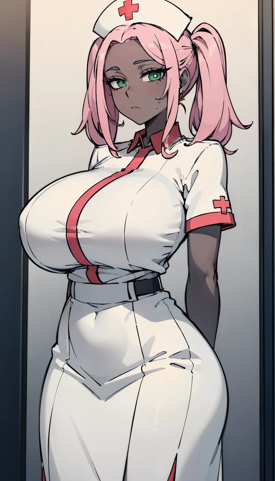 SFW, ((black grey skin Drow)) (nurse, nurse_clothes), (gigantic breasts, huge breasts, Big breast), firm breasts , tall girl, slim waist, curvy figure, arms behind back, (pink_hair, green_eyes), pigtails